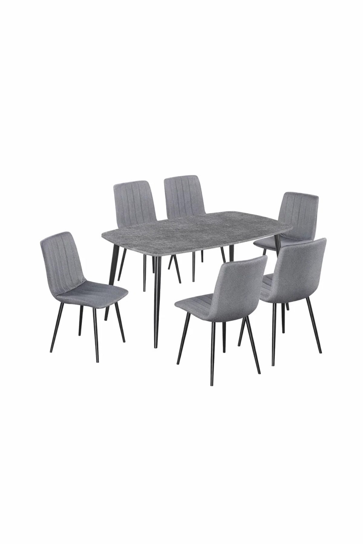 Stylish 7 Piece Dining Room Set Grey Stone Look Table 6 Fabric Chairs Metal Legs 150x90cm