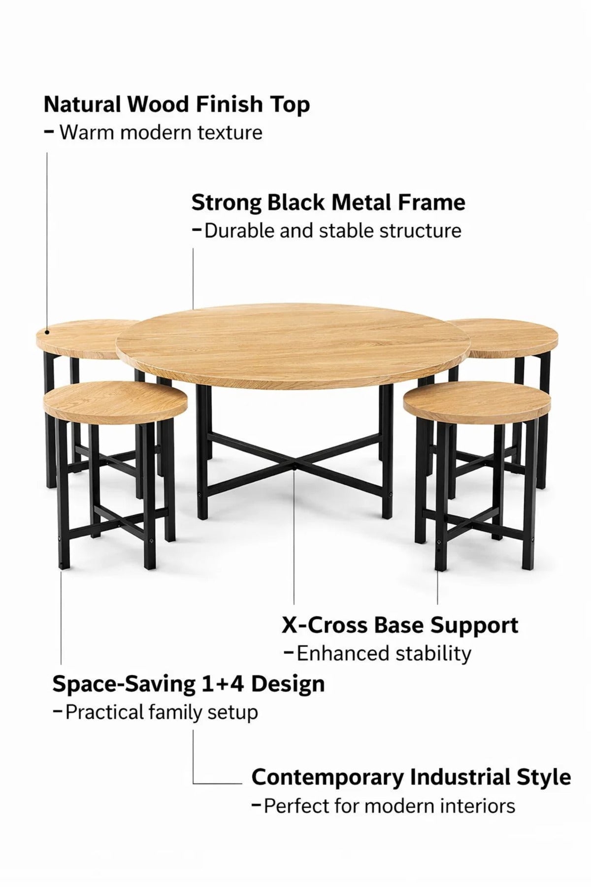Industrial Round Coffee Table Set 1+4 Wooden Top Metal Legs Nesting Furniture for Modern Home