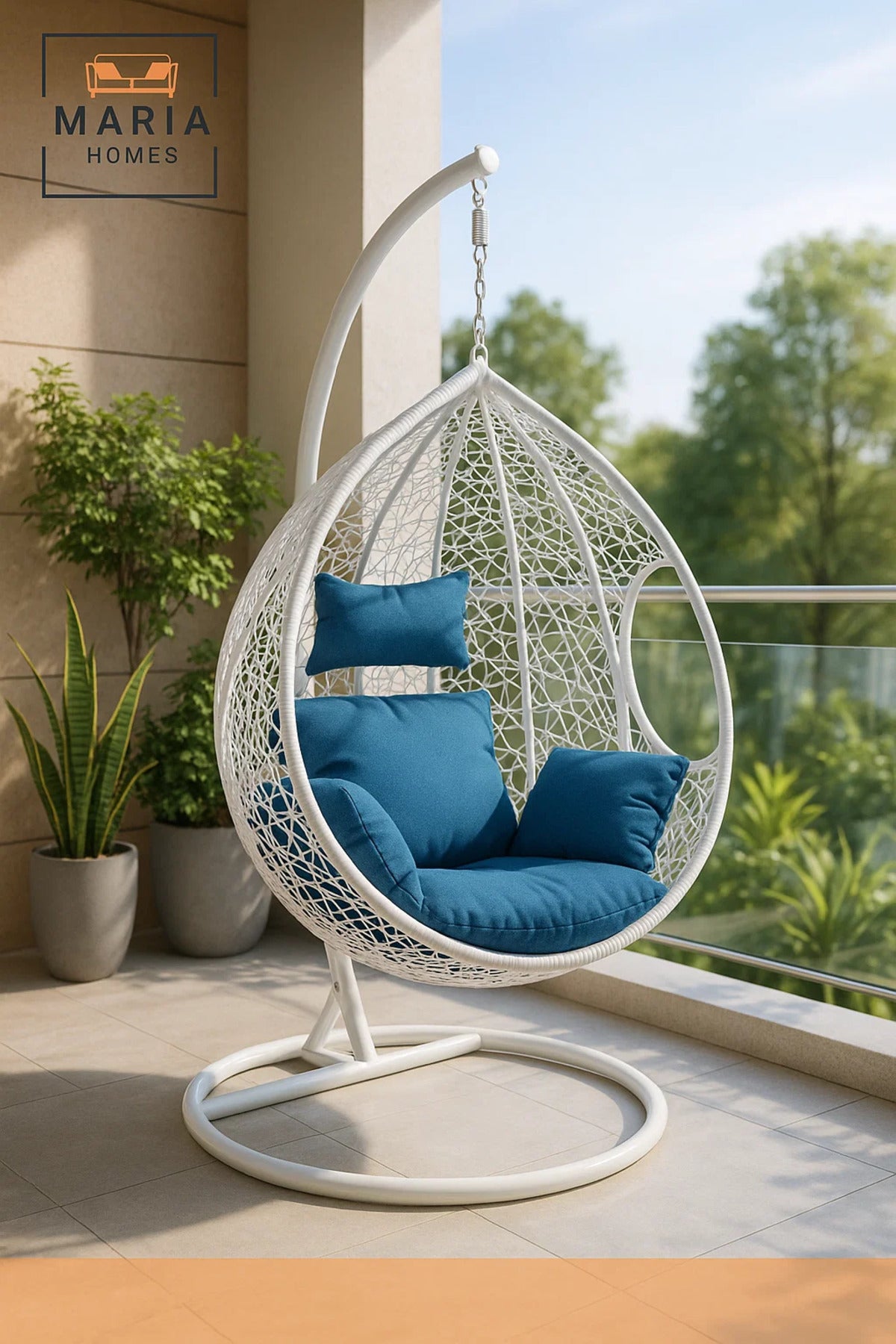 White Rattan Hanging Swing Chair with Blue Cushion and Stand for Outdoor Garden Balcony
