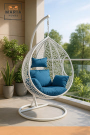 White Rattan Hanging Swing Chair with Blue Cushion and Stand for Outdoor Garden Balcony