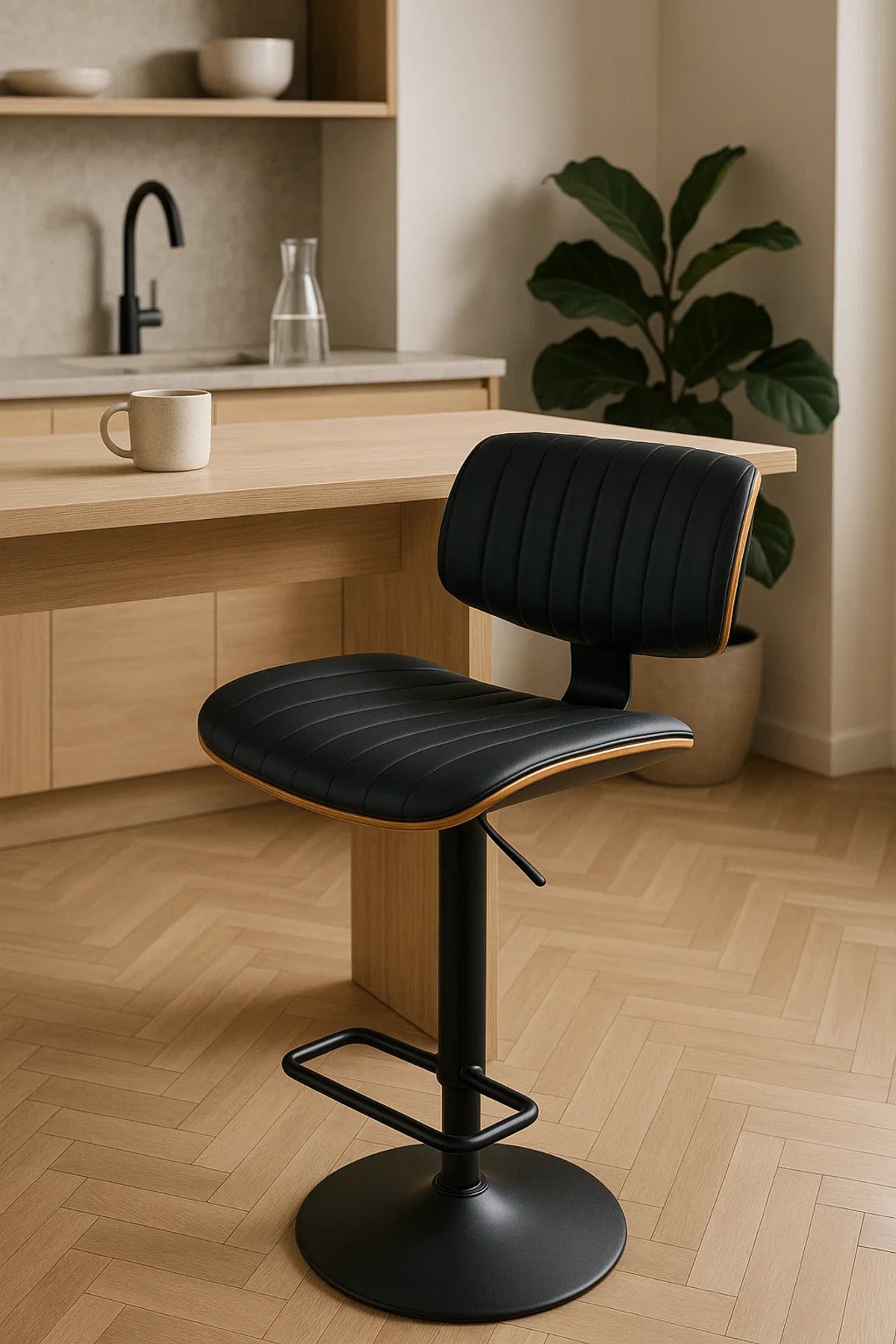 Adjustable Black Bar Stool with Backrest Ð Modern Faux Leather High Chair for Home or Cafe Use