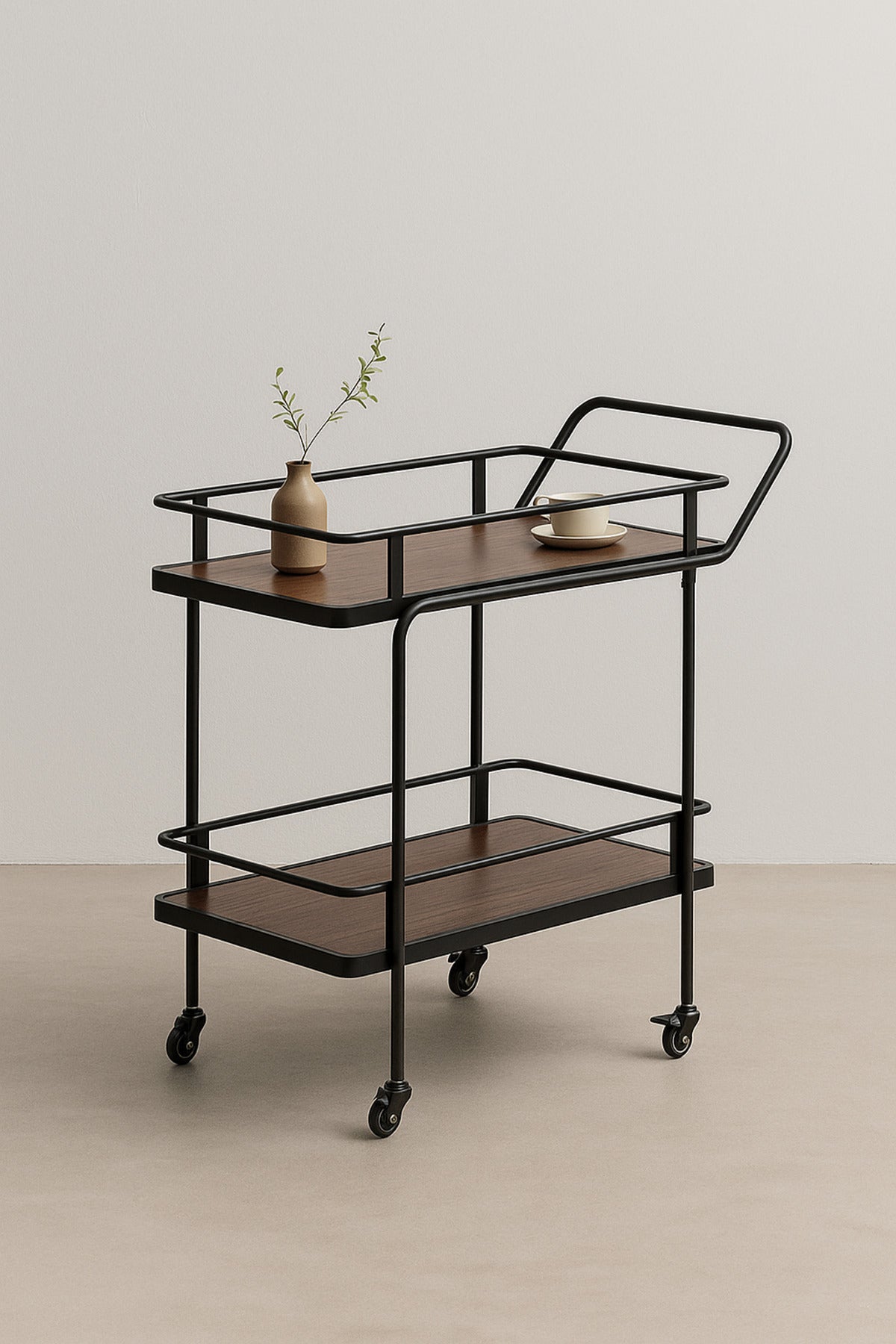 Modern Coffee Brown Serving Trolley with Metal Frame √ê 2-Tier Bar Cart with Wheels 83_40_80 cm