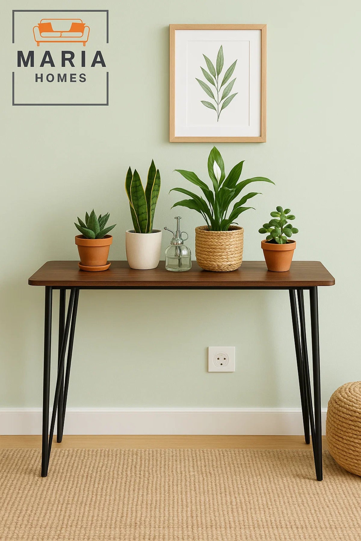 Modern Console Table 120x40x80cm √ê Walnut Finish Top with Sleek Black Metal Hairpin Legs