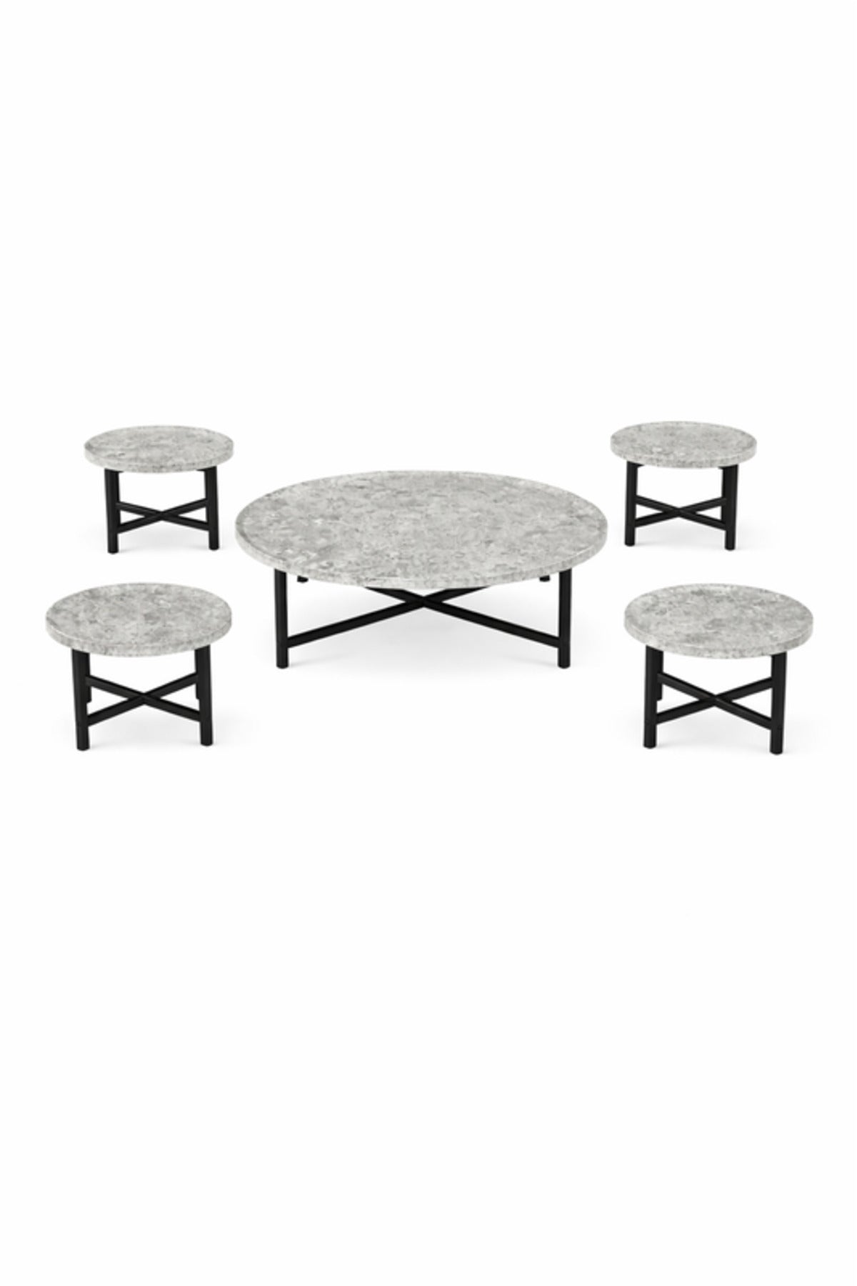 Modern Round Grey Coffee Table Set 1+4 √ê Marble Look Top with Black Frame