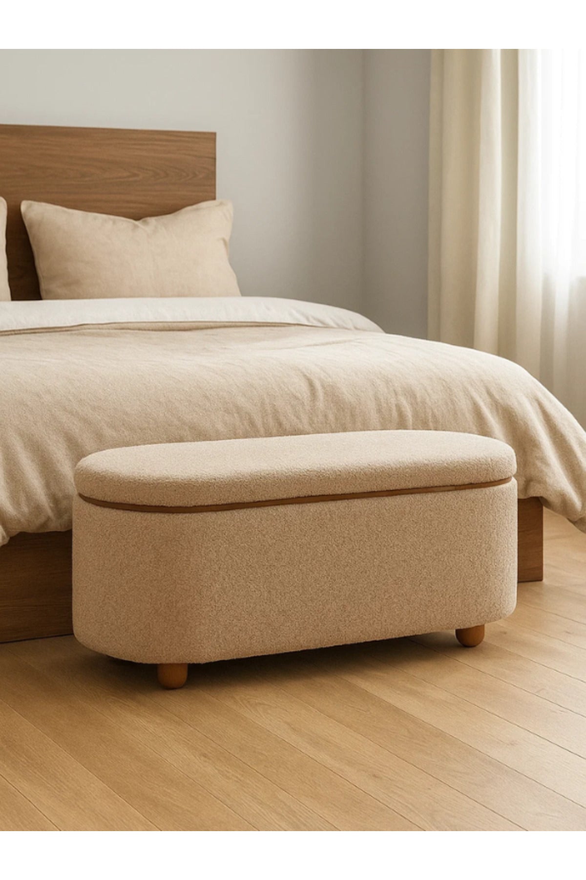 Brown Oval Storage Ottoman Bench with Wooden Base Ð Modern Fabric Seat 109_43_49 cm