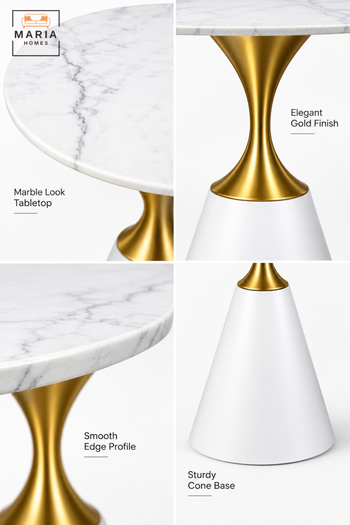 Modern Round Side Table with White Marble-Effect Top, White Cone Pedestal Base and Gold Accent for Living Room & Bedroom – 60 × 67.5 CM