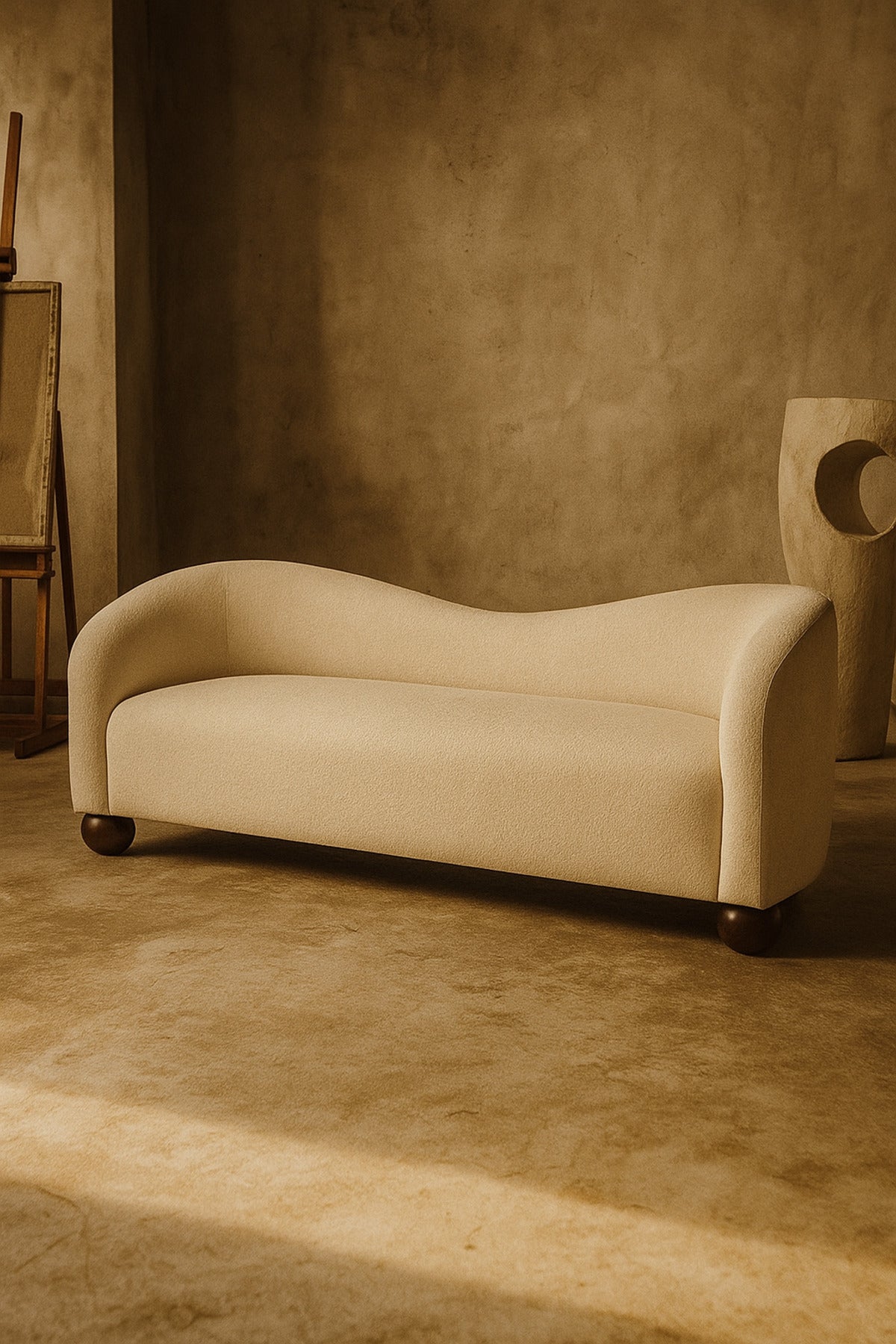 Modern Cream Curved Sofa Ð Minimalist Fabric Couch with Rounded Design and Wooden Legs