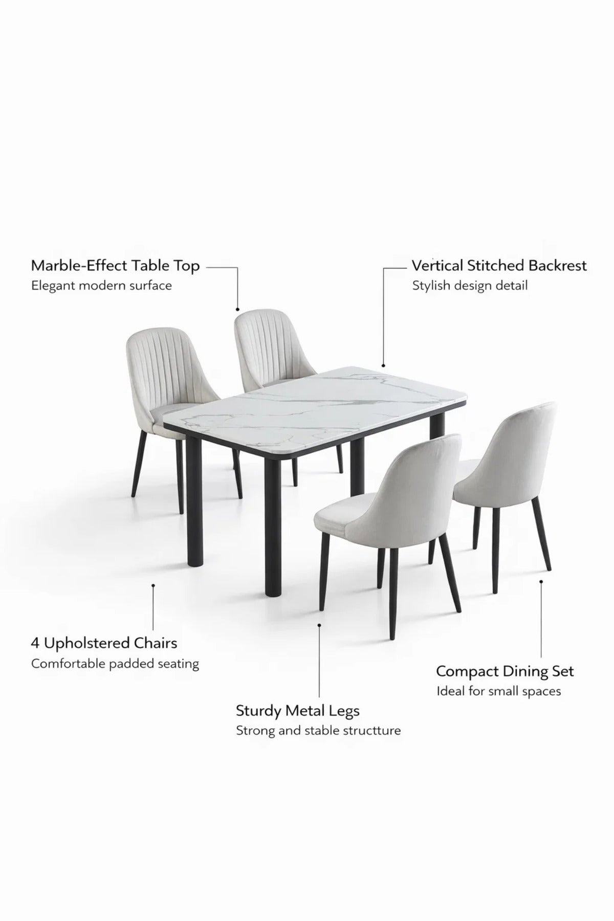 Elegant 5-Piece Dining Table Set Marble Pattern Top with 4 Upholstered Chairs for Kitchen 130cm