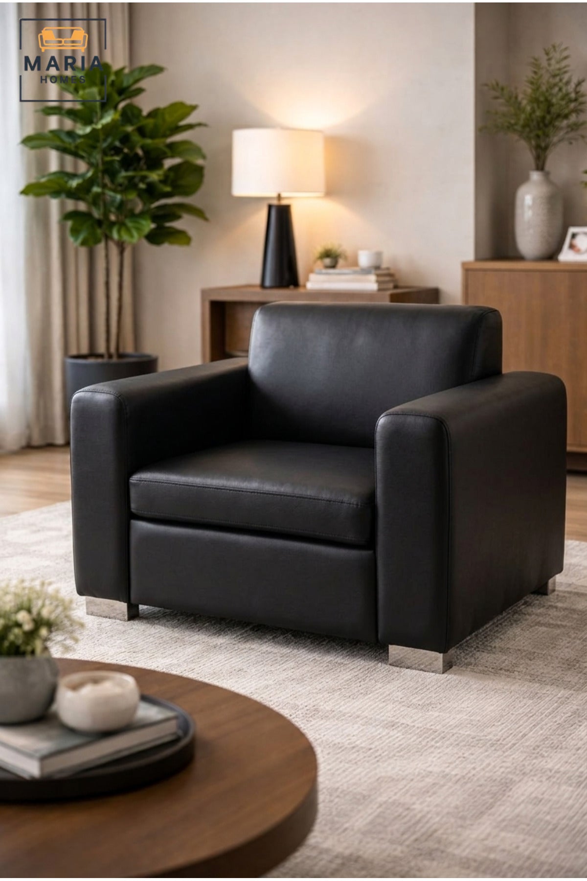 Modern Black Leather Armchair with Wide Padded Armrests, Cushioned Seat & Low Metal Feet, Contemporary Lounge Accent Chair for Living Room Office Reception