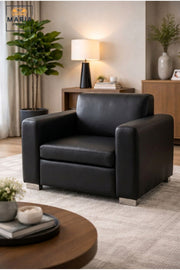 Modern Black Leather Armchair with Wide Padded Armrests, Cushioned Seat & Low Metal Feet, Contemporary Lounge Accent Chair for Living Room Office Reception