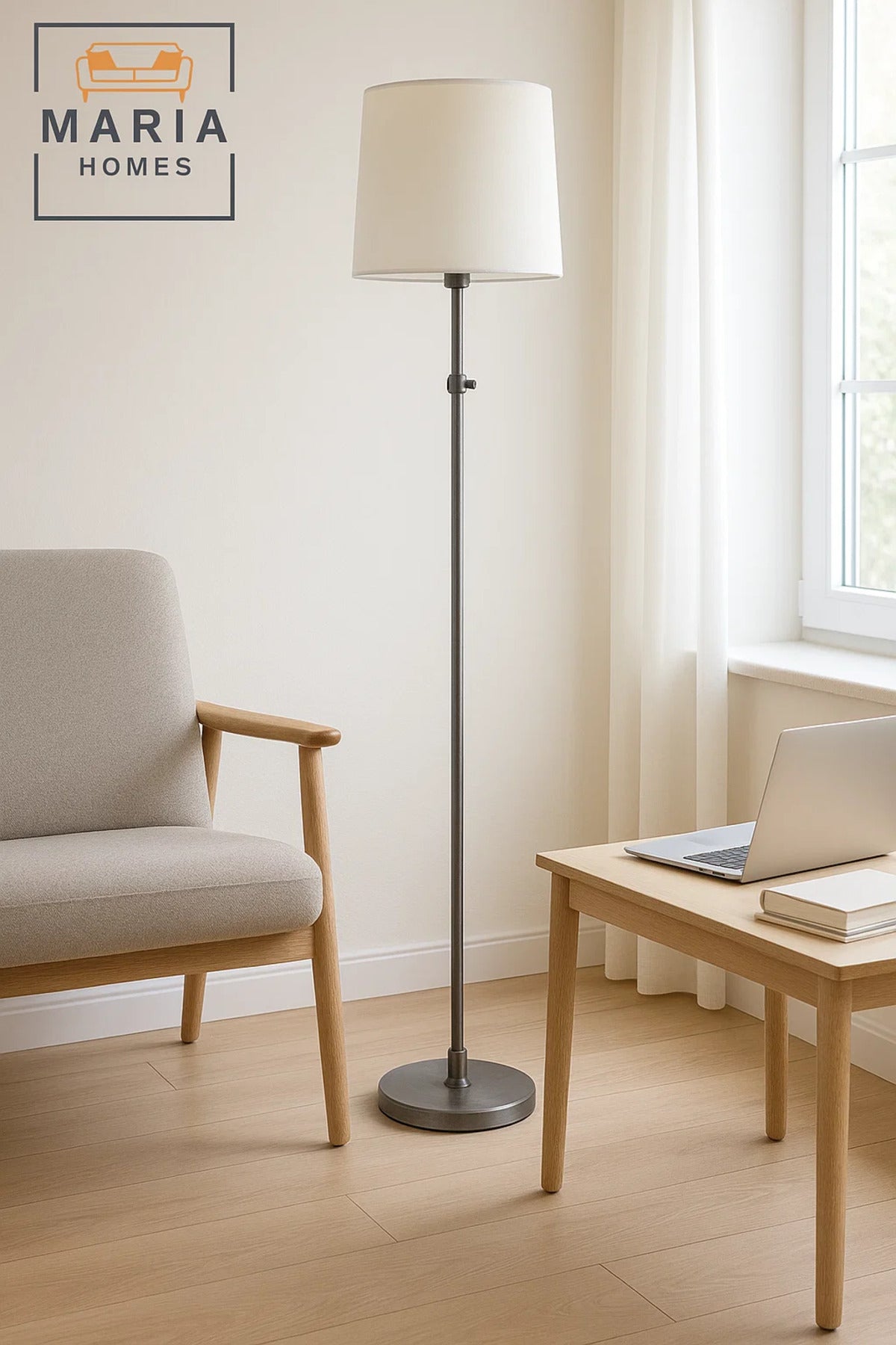 Adjustable Floor Lamp with Brushed Metal Stand and White Shade