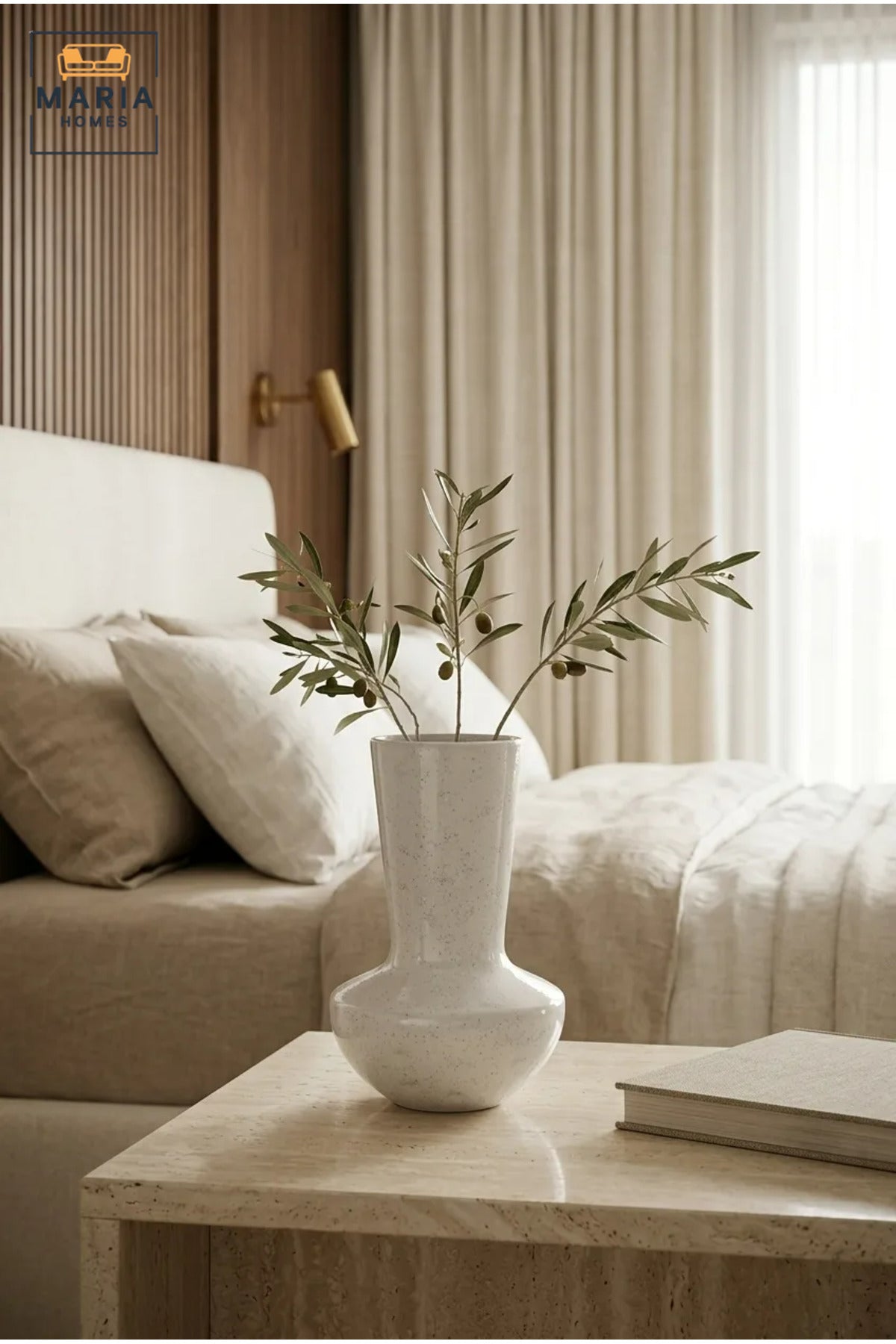 White Textured Decorative Vase, Modern Ceramic Flower Holder with Tall Neck and Rounded Base for Living Room, Bedroom, Office, Shelf and Table Décor