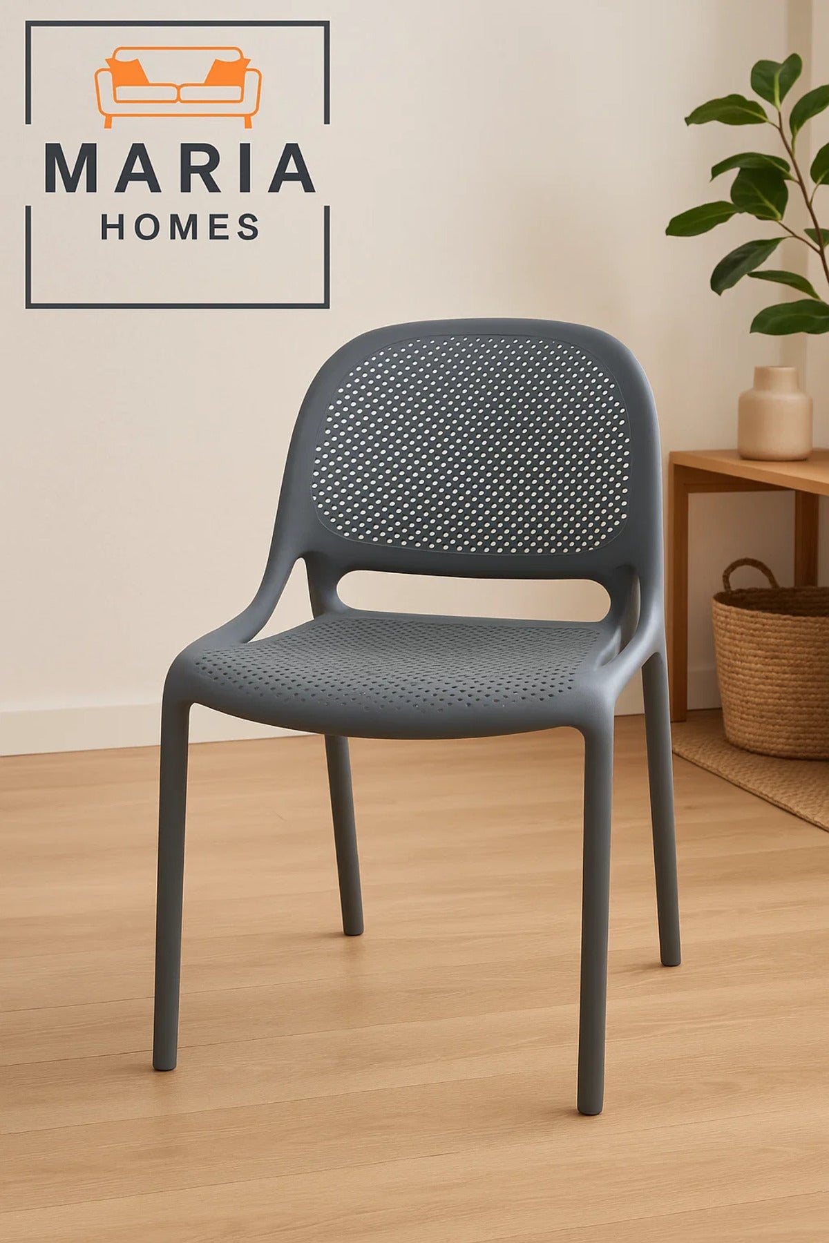 Dark Grey Plastic Armchair with Ventilated Design Ð Modern Stackable Chair for Indoor or Outdoor Use