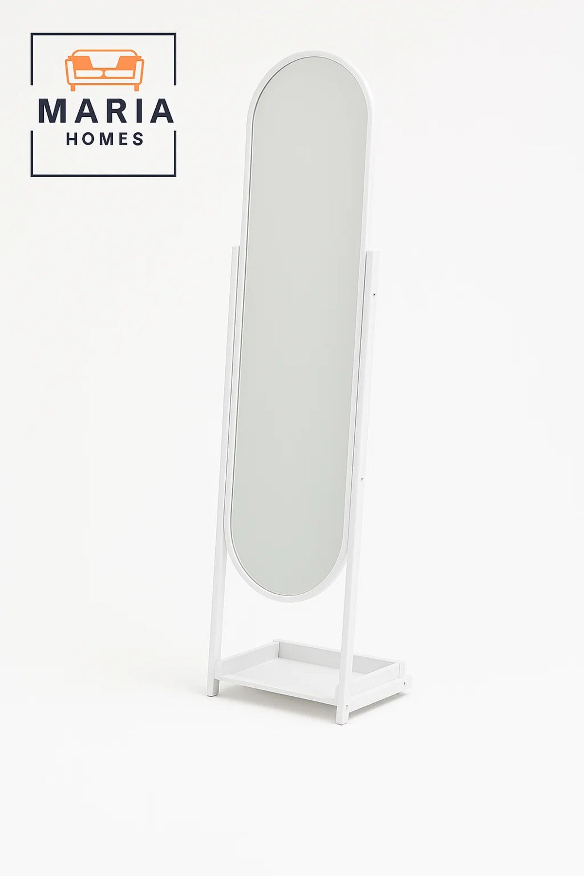 White Oval Standing Mirror with Base Tray Ð Minimalist Floor Mirror