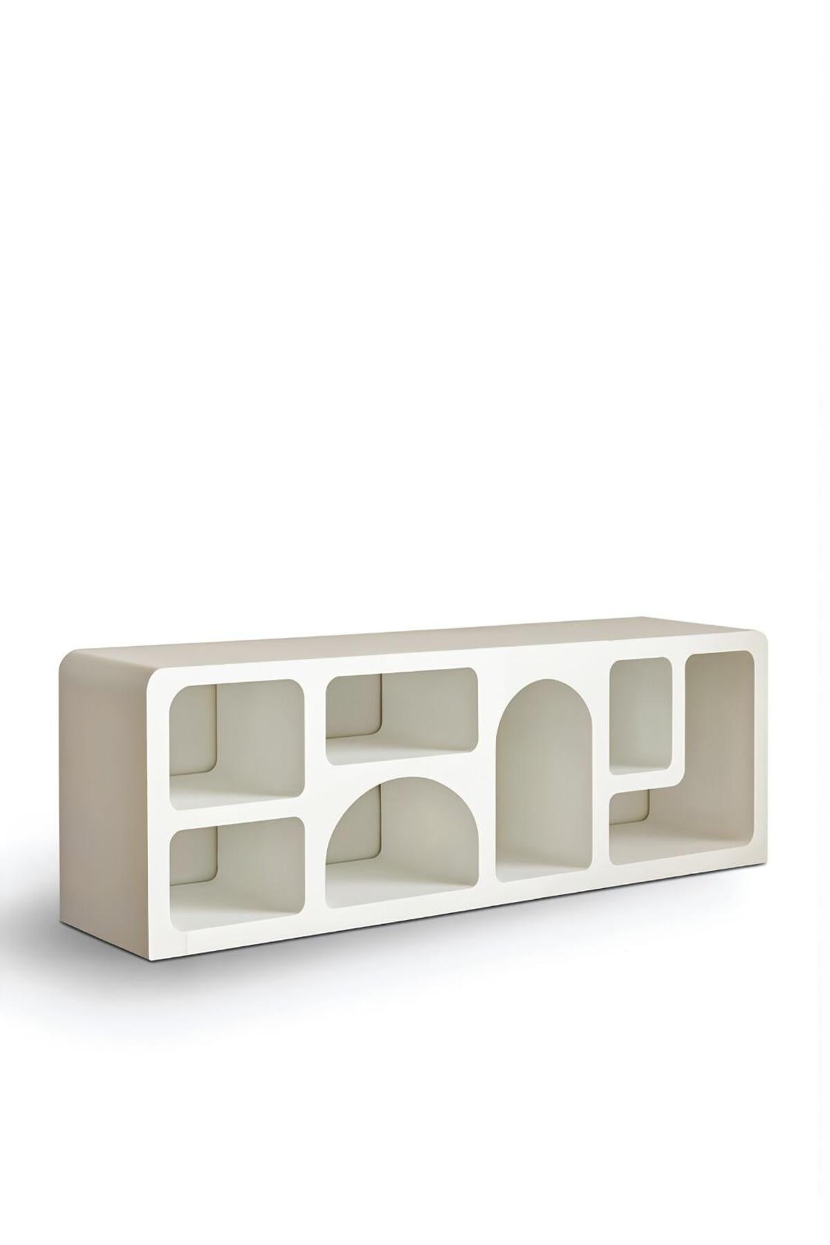 Modern White TV Stand with Arched Open Shelves – 180x40x50 cm Minimalist Media Console
