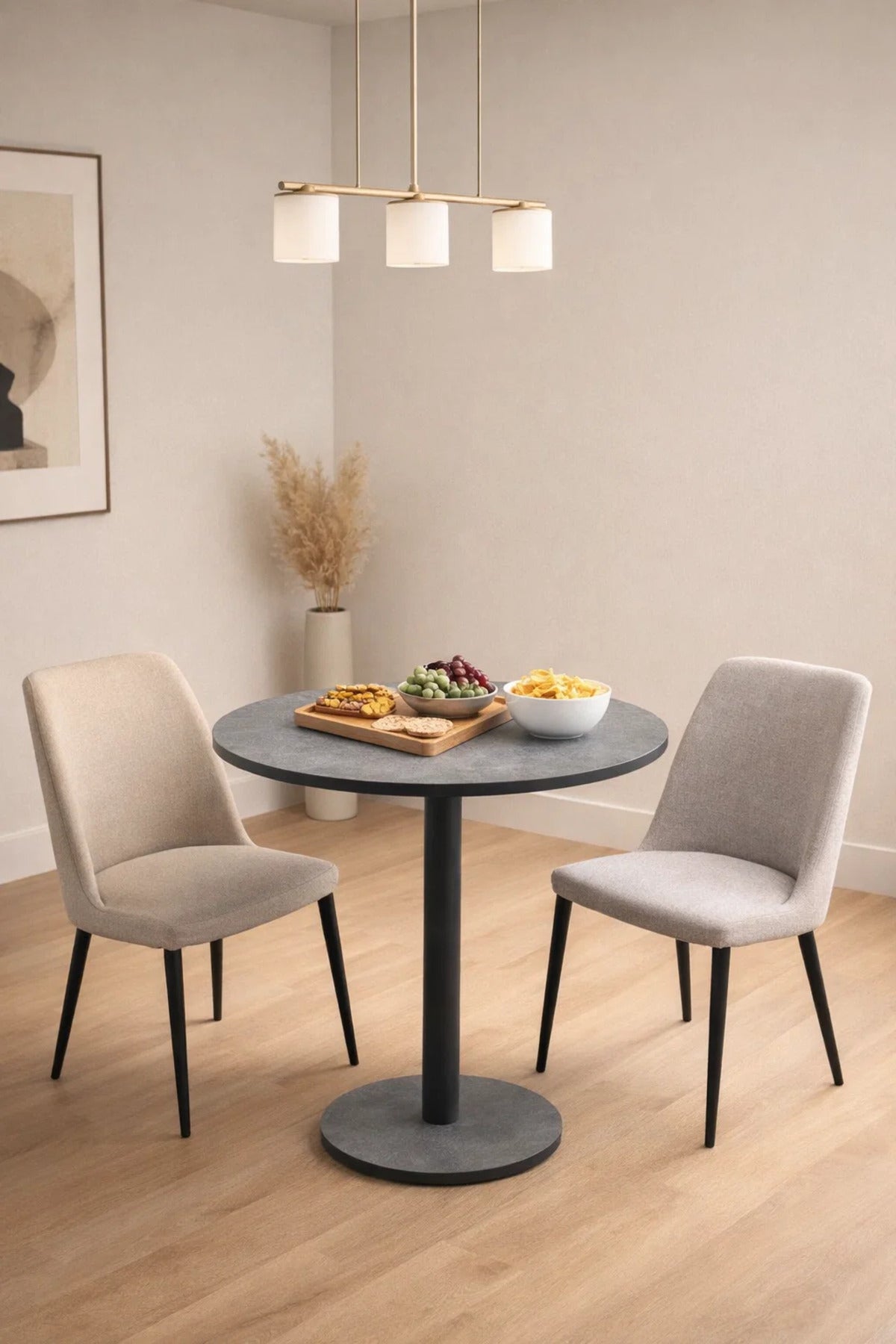 Modern Grey Round Dining Table 70cm Melamine Top Black Metal Leg Compact Bistro Cafe Design