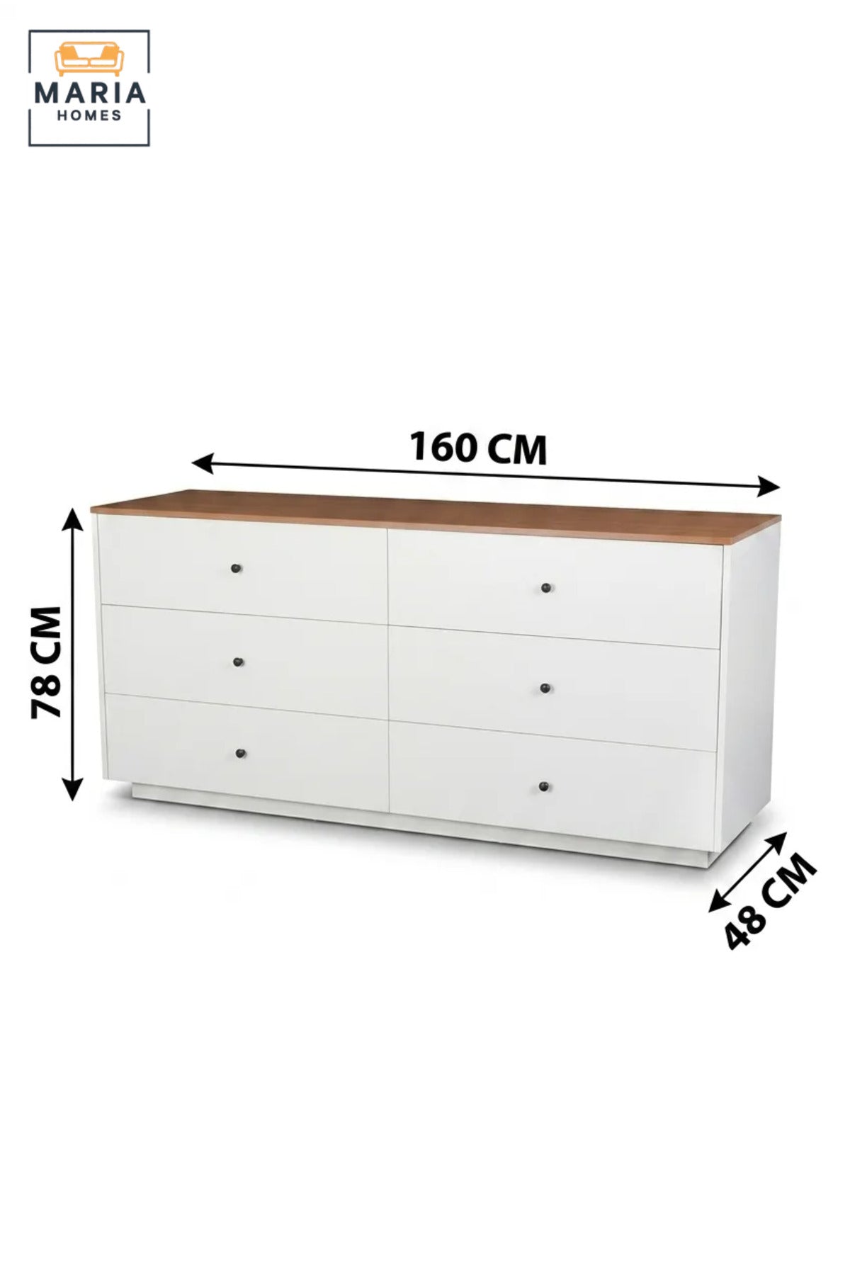 Modern 6 Drawer Dresser 160 x 48 x 78 cm | White Storage Cabinet with Brown Wooden Top | Bedroom Chest of Drawers | Contemporary Organizer for Bedroom, Living Room & Hallway
