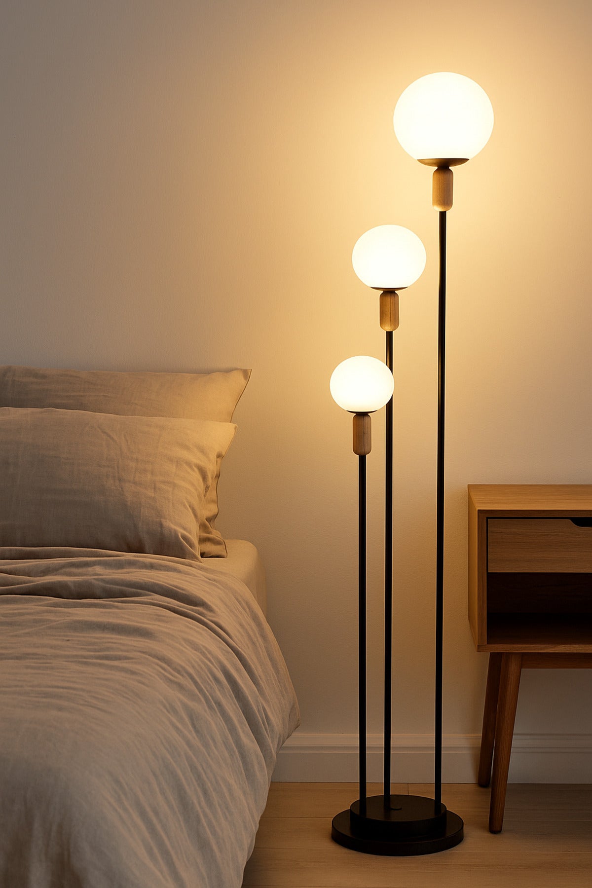 Modern Black Floor Lamp with Triple White Globe Lights Metal Stand for Living Room & Bedroom