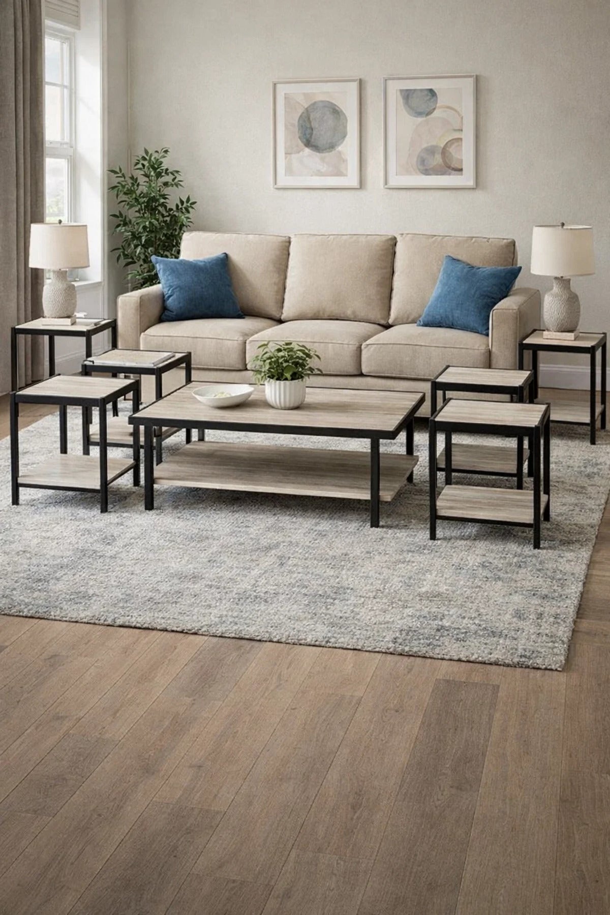 Modern Light Wood Coffee Table Set with 6 Side Tables and Shelf modern light wood