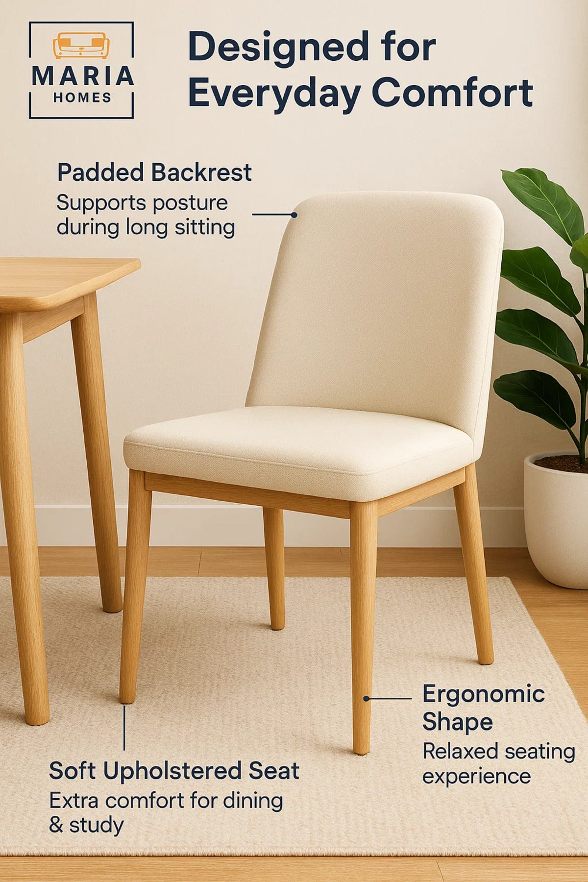 Beige Upholstered Dining Chair with Wooden Legs Ð Elegant Padded Chair for Home or Office