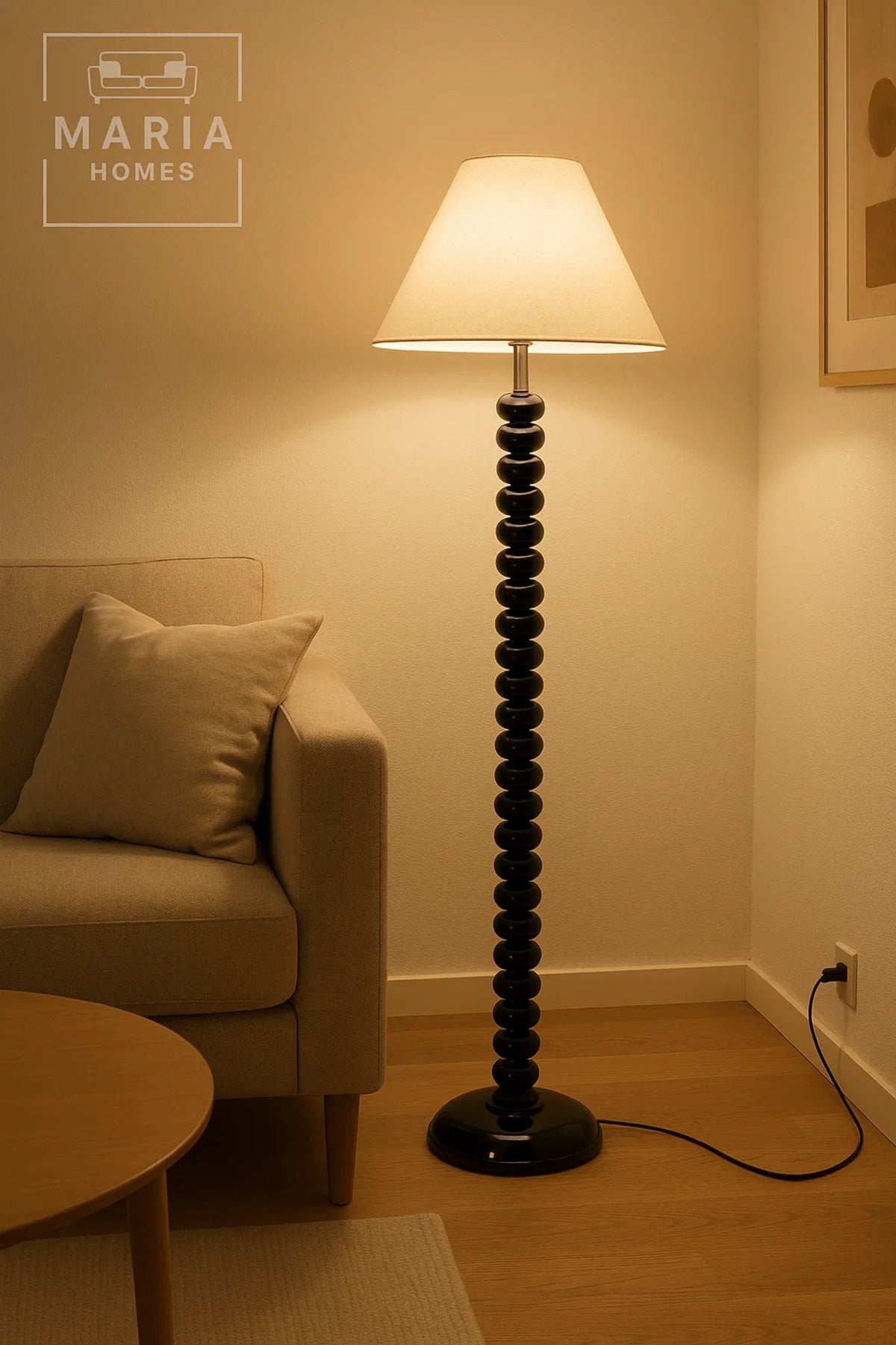Glossy Black Beaded Floor Lamp with Cone Shade