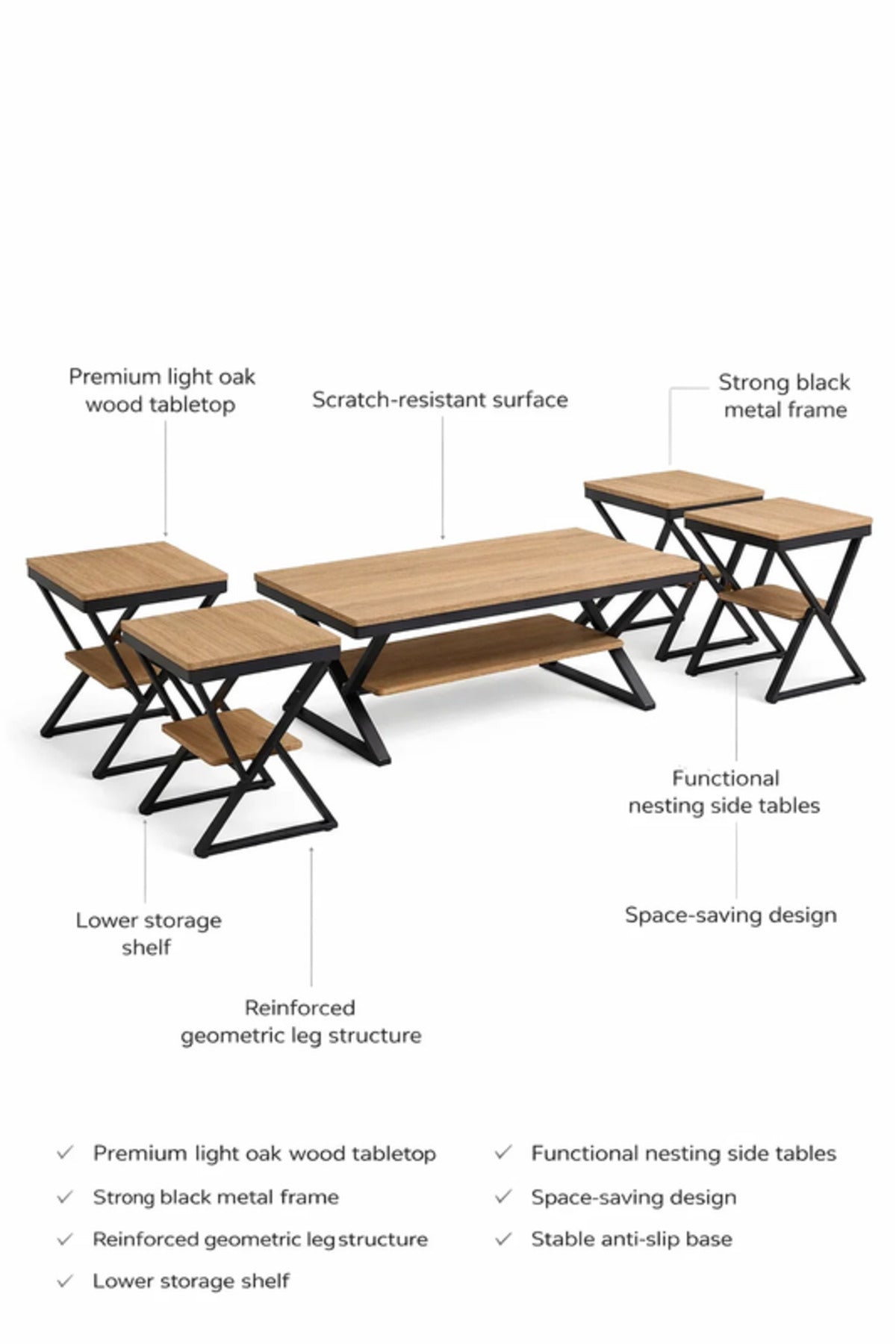 Modern 5-Piece WOOD Center Table Set with Metal Frame and Wood Finish