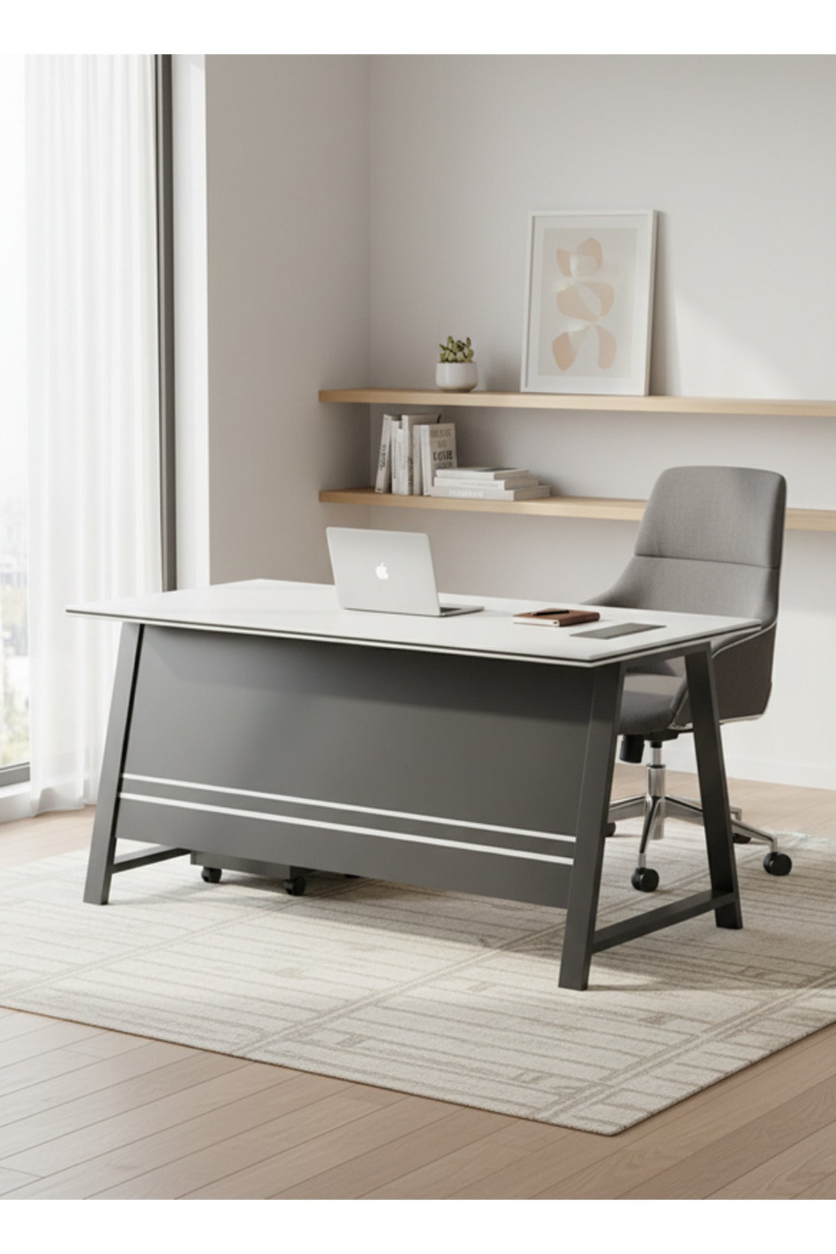 Modern White and Grey Office Desk with Mobile Drawer Cabinet
