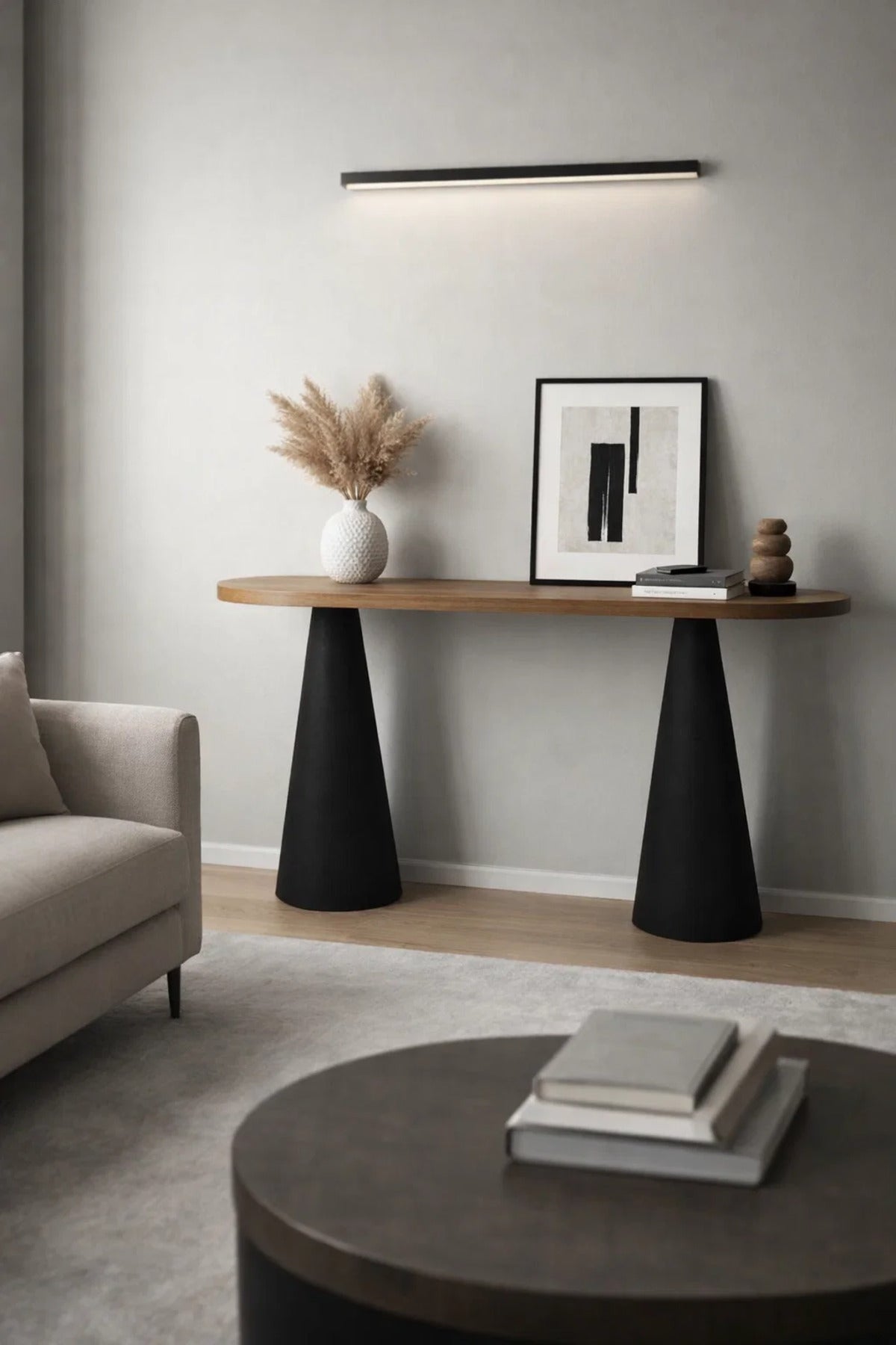 Contemporary Oval Console Table Black and Brown Wood Entryway Furniture with Sturdy Legs - 120cm