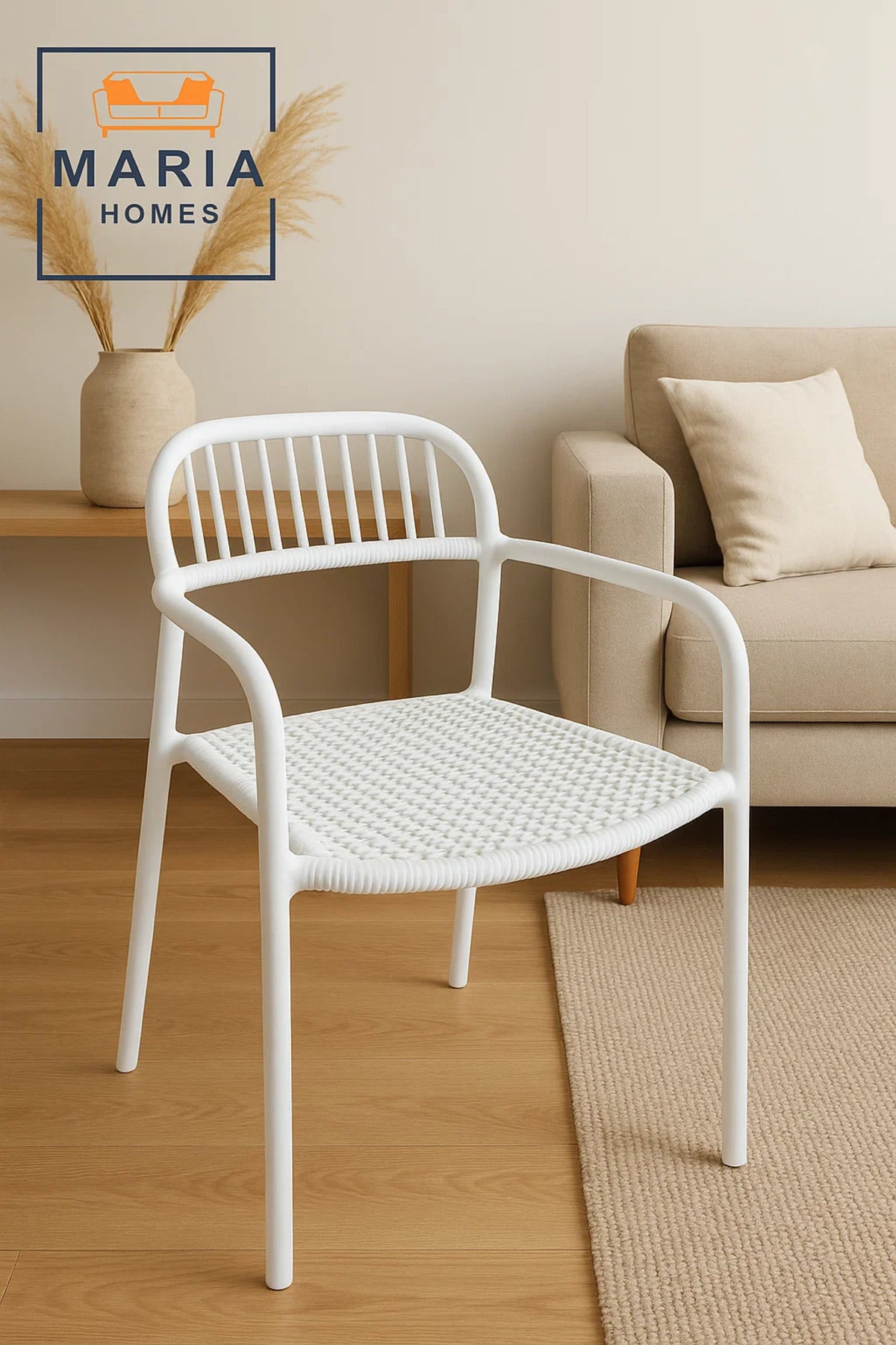 White Woven-Seat Plastic Chair with Armrest Ð Lightweight Indoor Outdoor Modern Patio Dining Chair