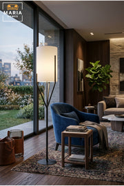 Modern Tripod Floor Lamp with Tall Cylindrical Fabric Shade, Geometric Support Frame and Round Base Standing Light for Living Room Bedroom Office
