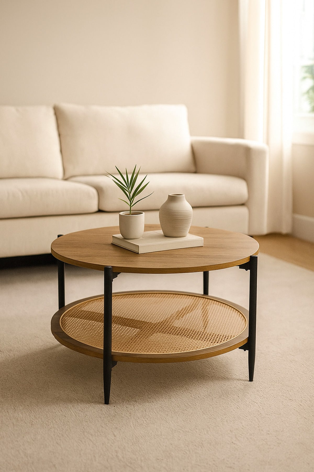 Round Brown Coffee Table with Rattan Shelf Ð Modern Wooden Center Table for Living Room 80_45 cm
