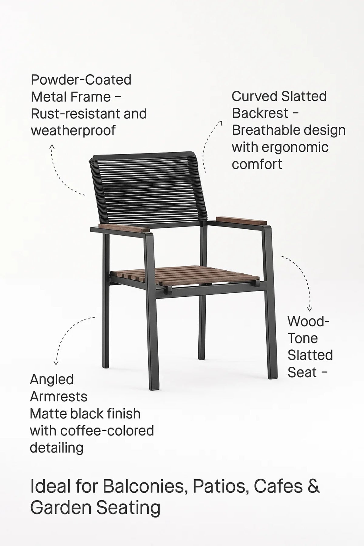 Modern Garden Chair Black Metal Frame Outdoor Patio Dining Chair for Balcony and Terrace