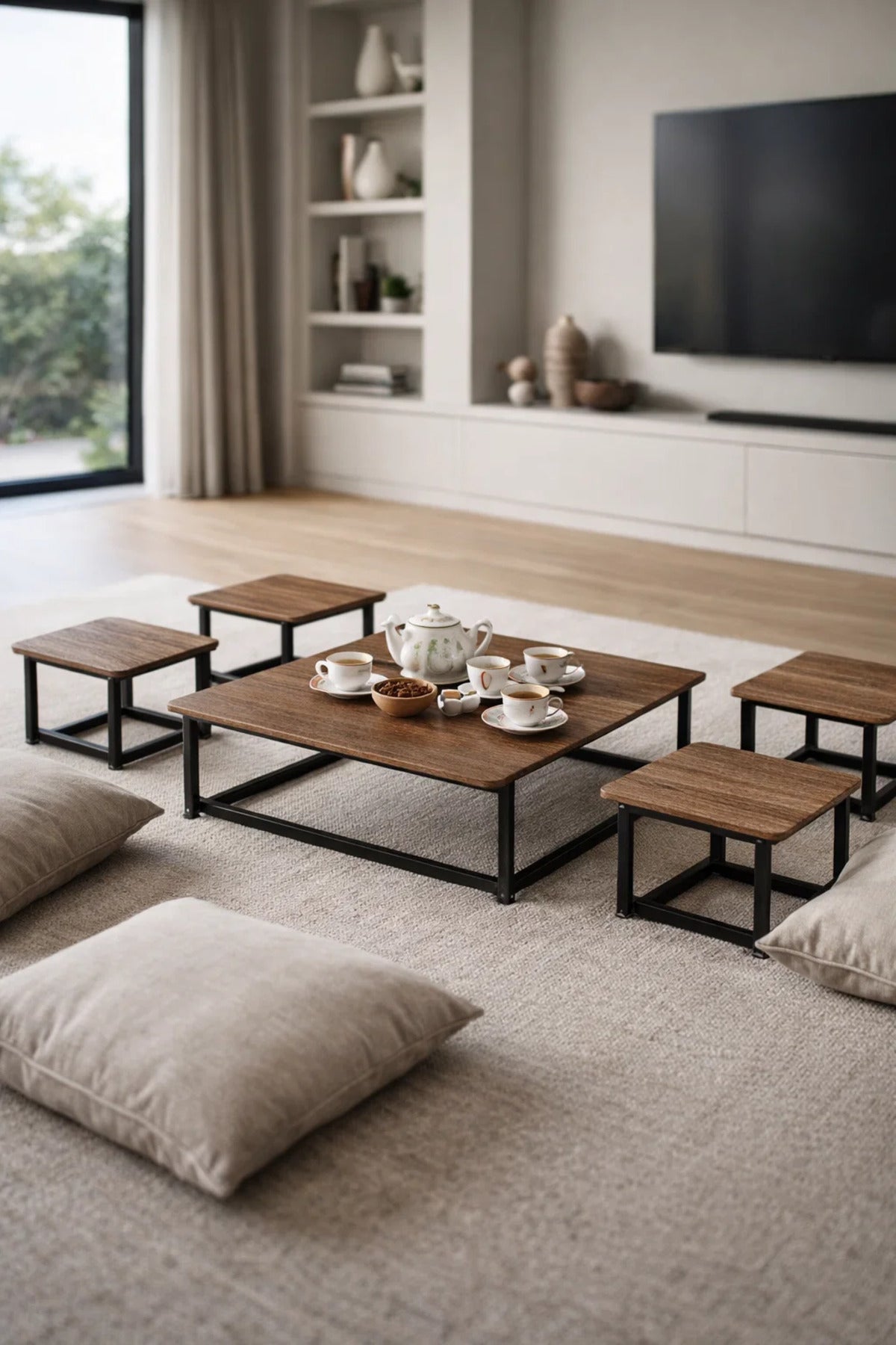 5 Piece Low Center Table Set Industrial Wood Metal Frame Square Coffee Table for Floor Seating Area