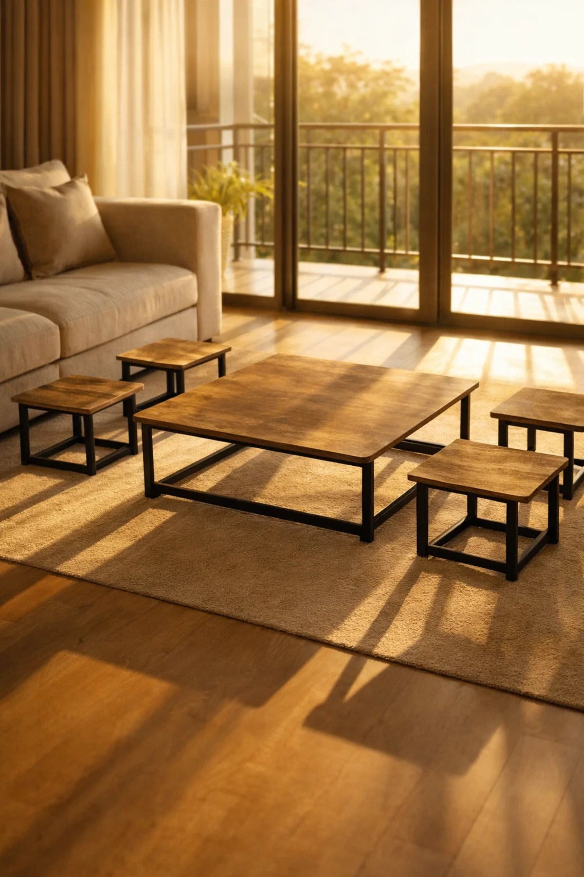 Rustic Brown 5-Piece Low Floor Coffee Table Set Industrial Metal Frame Center Table for Living Room