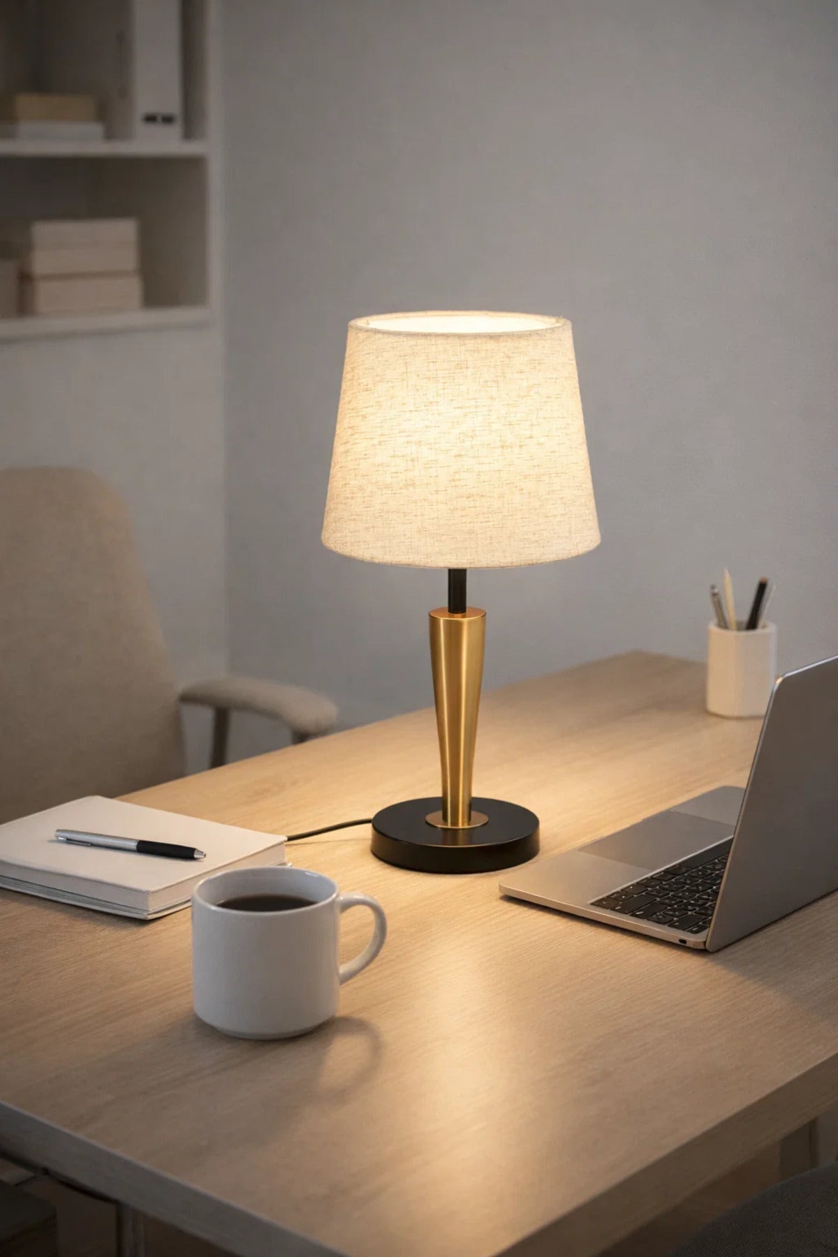 Modern Table Lamp Bedside Lighting with Fabric Shade and Gold Metal Base