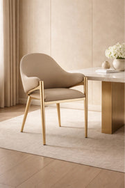 Luxury Beige Velvet Dining Chair with Gold Metal Legs & Armrests