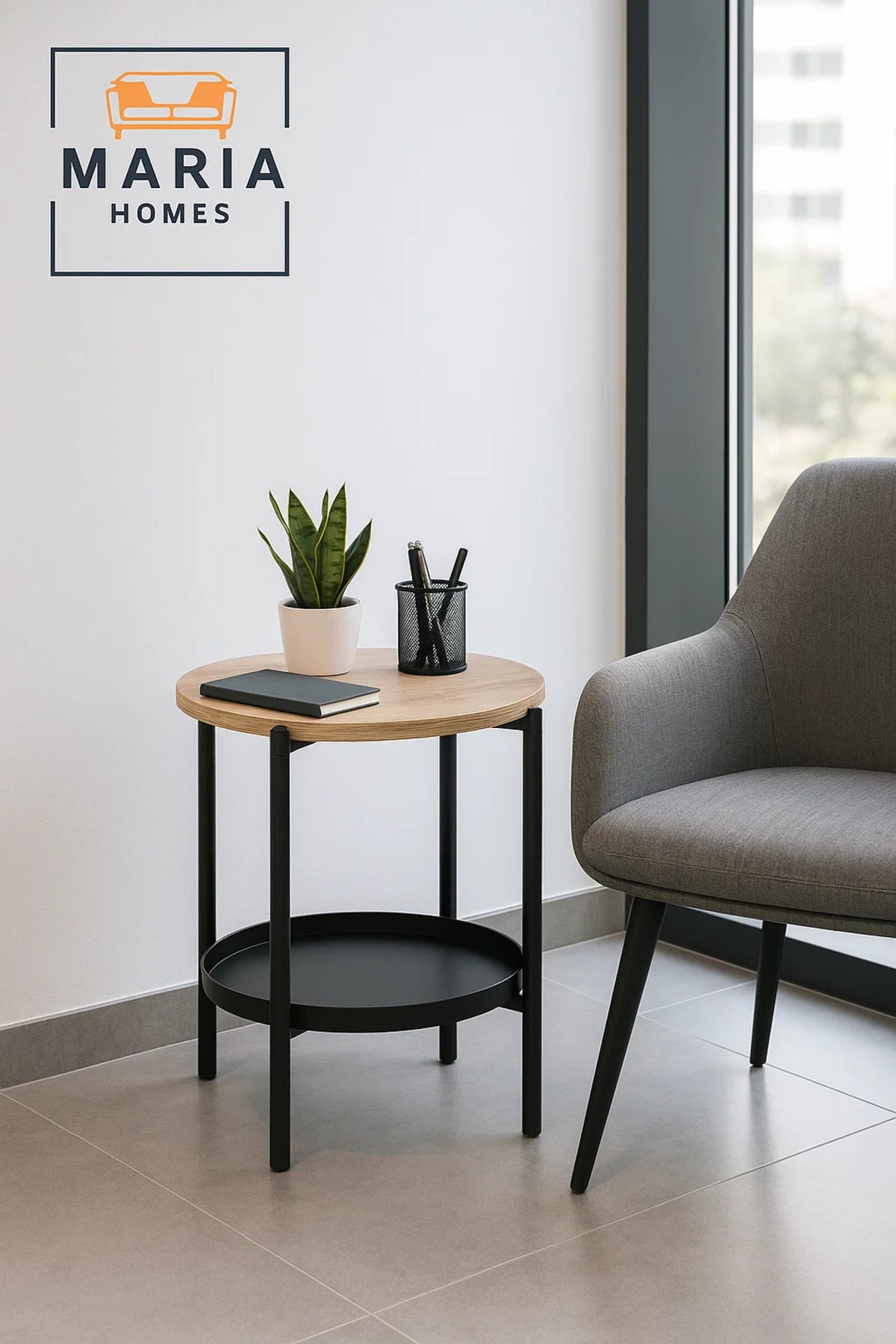 Modern Wood Side Table √ê Round Coffee Table with Black Storage Shelf 40_40_55 cm
