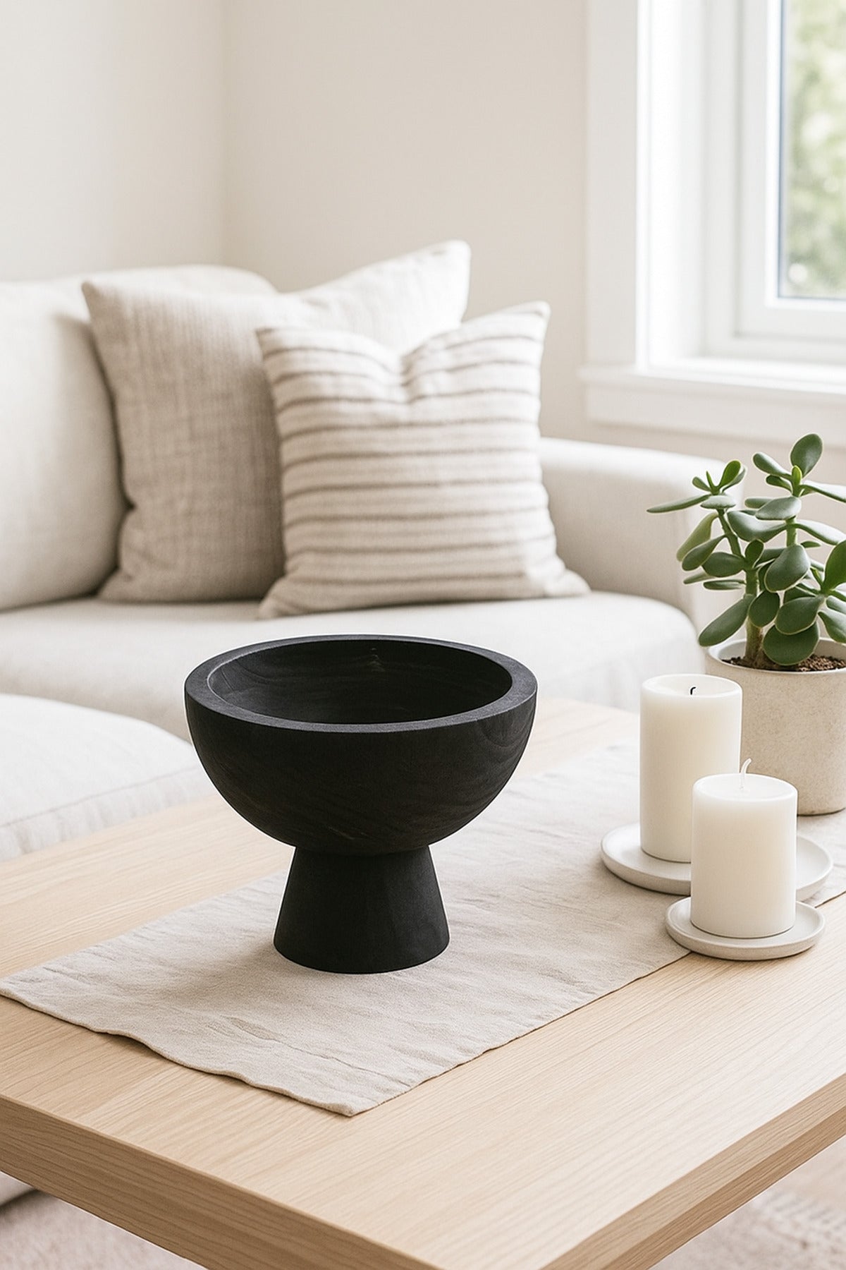 Black Wooden Pedestal Bowl Ð Modern Decorative Serving & Display Centerpiece