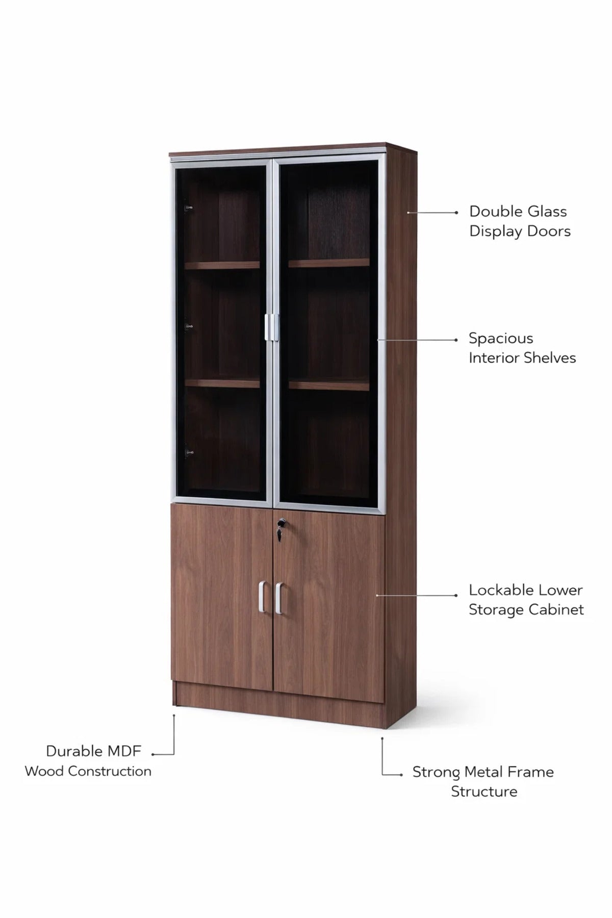 Modern Light Brown Storage Cabinet Glass Display Doors Wooden Office File Organizer Cupboard 190cm