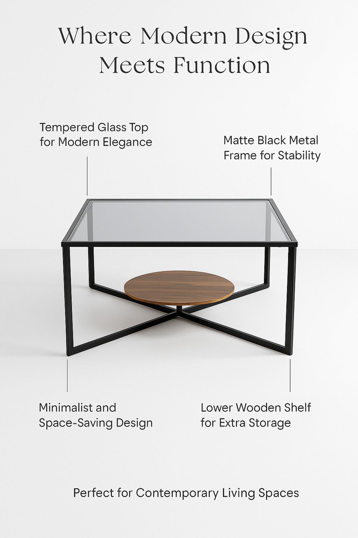 Modern Coffee Table with Black Metal Frame and Brown Wood Shelf Glass Top Table 75_75_46cm