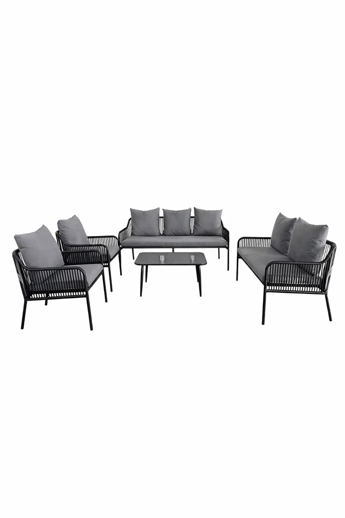 Sleek Black and Grey 7-Piece Outdoor Sofa Set with Glass Coffee Table √ê Stylish Modern Seating