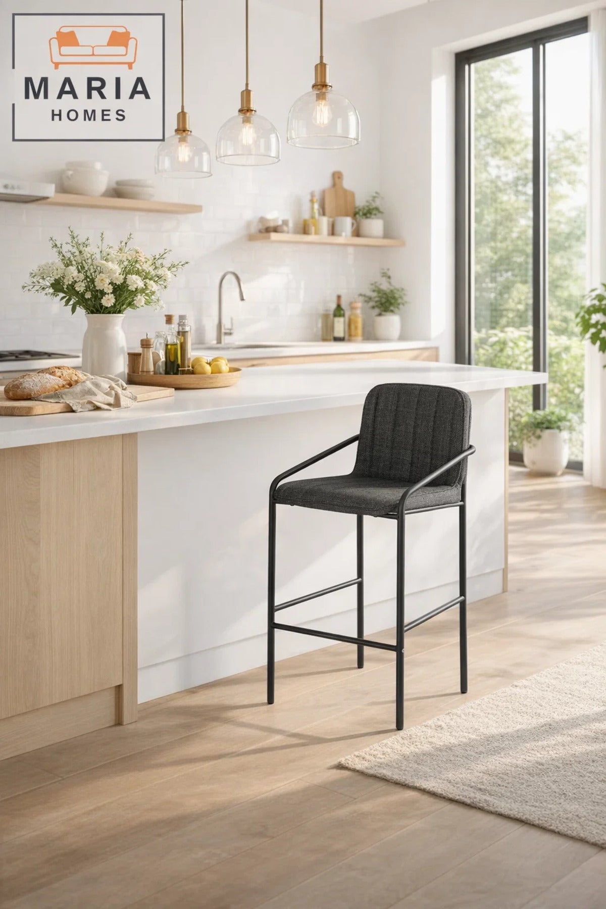 Deep Grey Upholstered Bar Stool with Black Metal Frame Ð Modern Counter Chair with Armrests