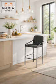 Deep Grey Upholstered Bar Stool with Black Metal Frame Ð Modern Counter Chair with Armrests