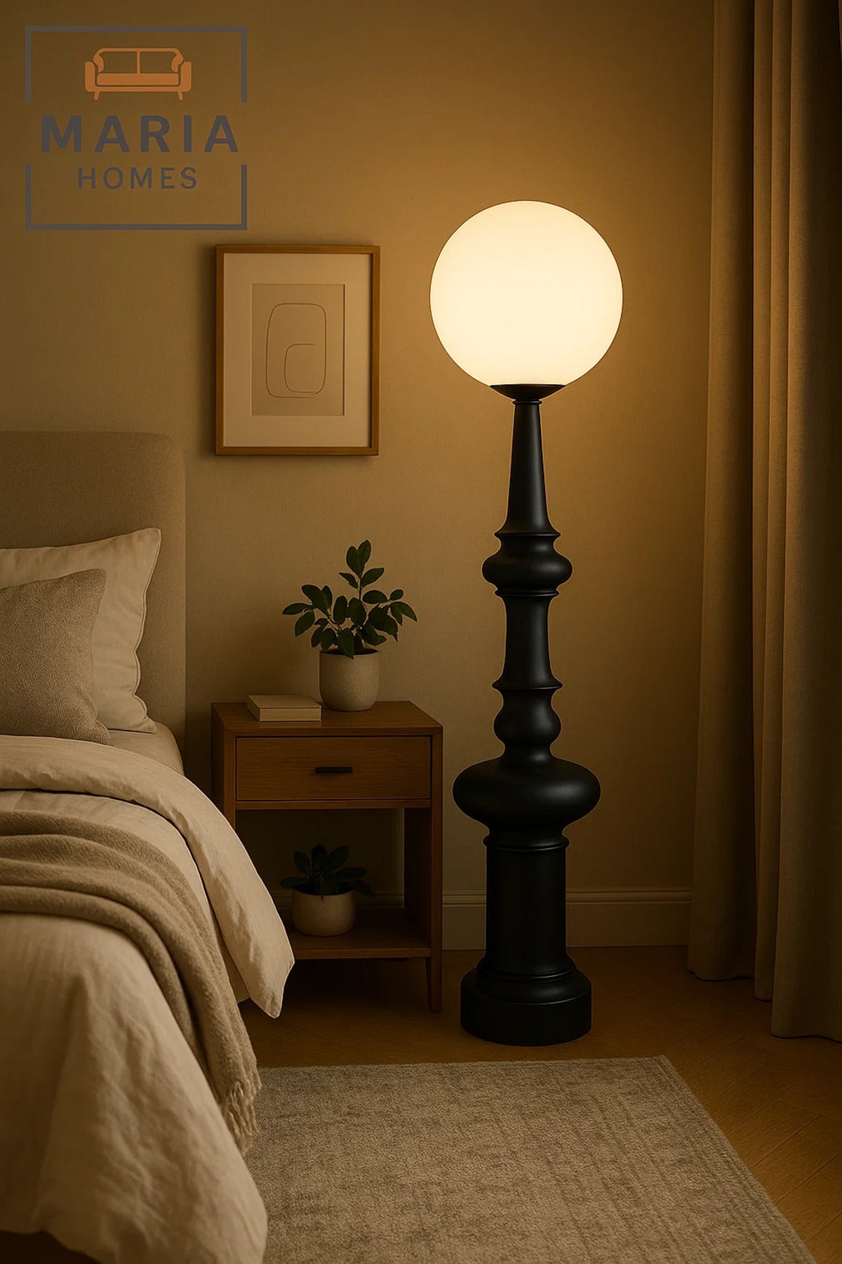 Sculptural Black Floor Lamp with Frosted Globe Shade