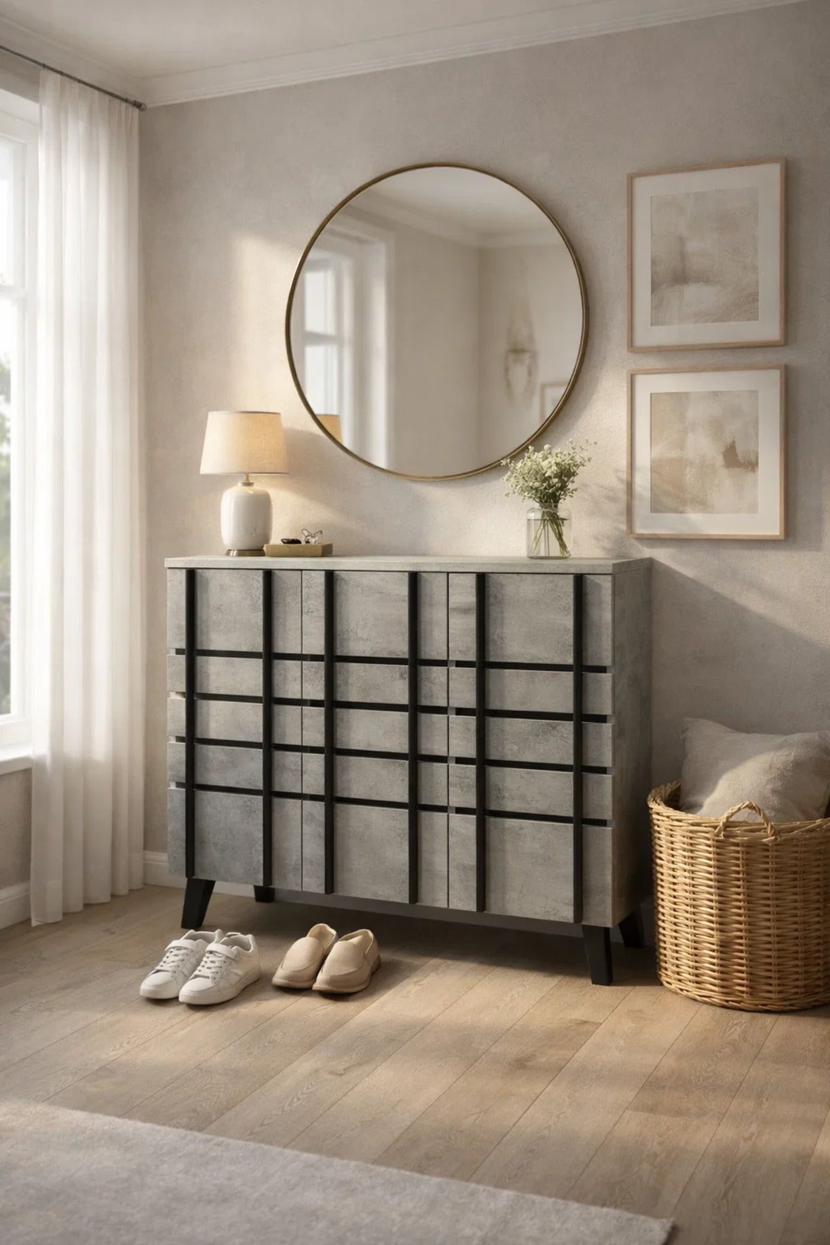 Modern Grey Shoe Cabinet 120cm Wide Entryway Organizer with Black Details Stylish Storage Unit