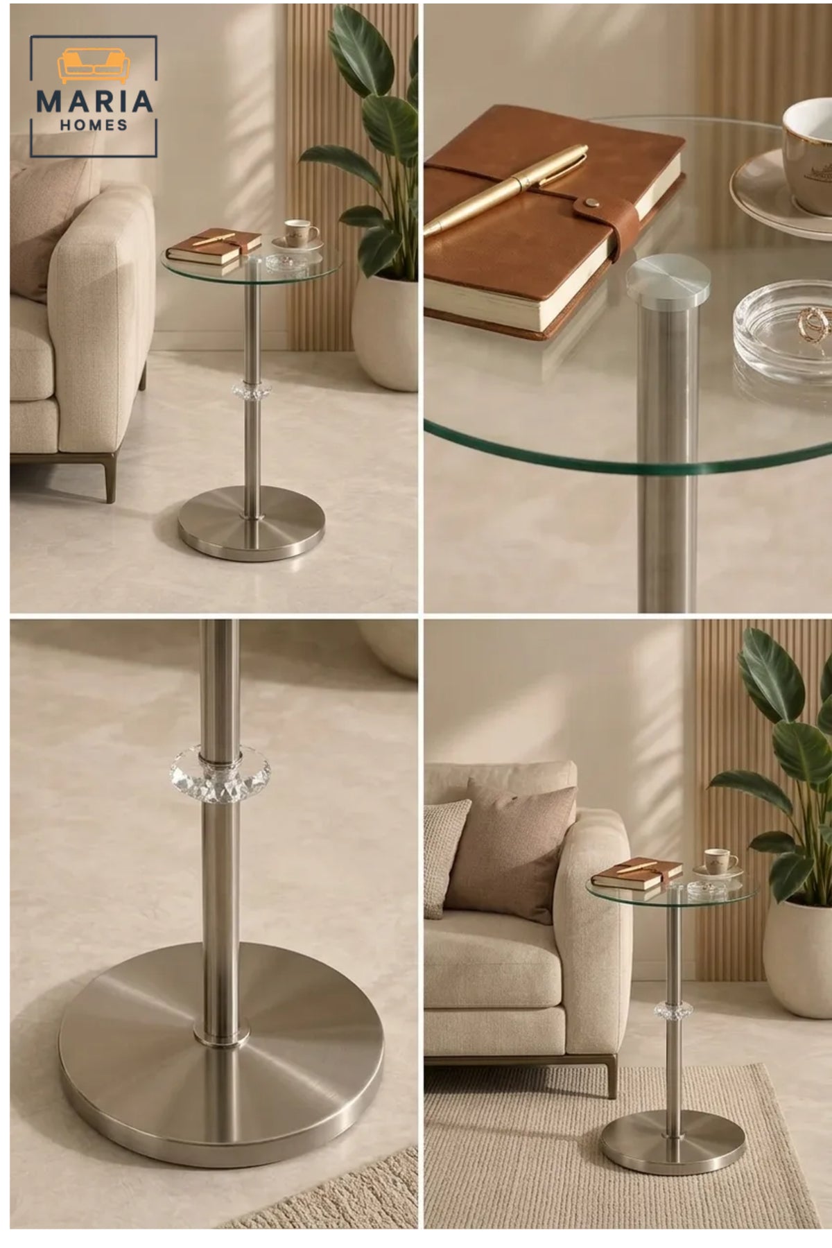 Modern Round Glass Side Table with Stainless Steel Pedestal Base