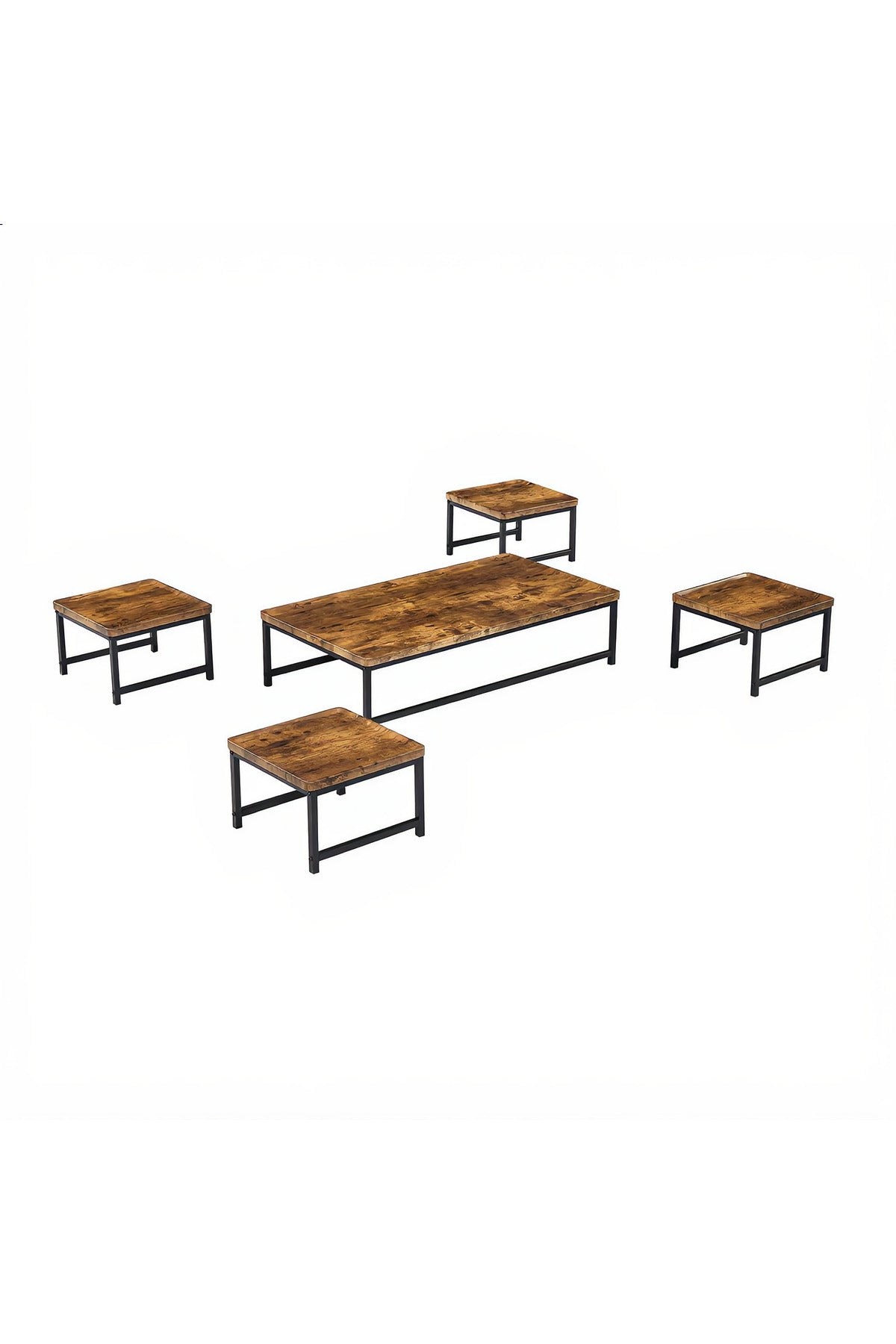 Modern 5-Piece Low Floor Coffee Table Set Industrial Wood Design Metal Legs Living Room Center Table