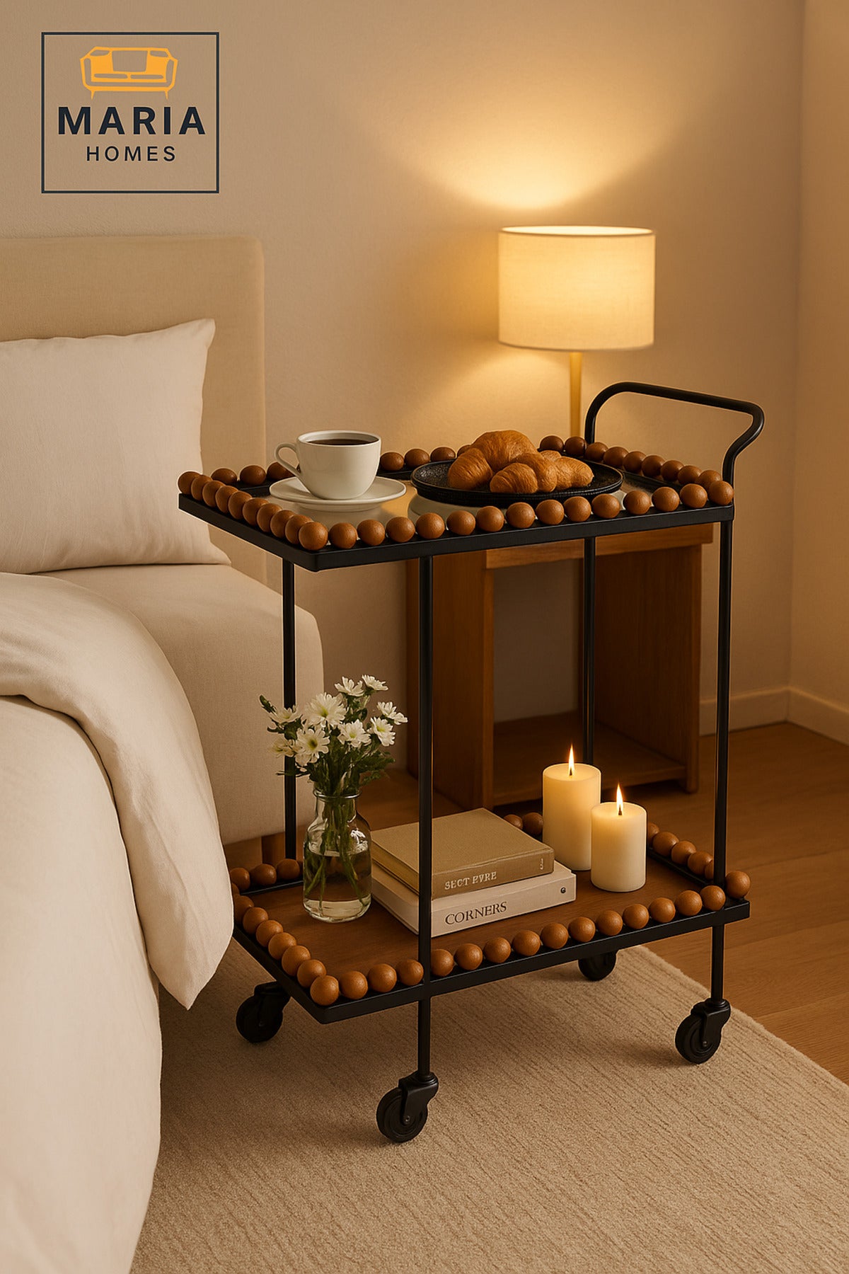 Serving Trolley with Wheels Ð Tea & Coffee Cart with Wooden Ball Edges (70_40_84 cm)