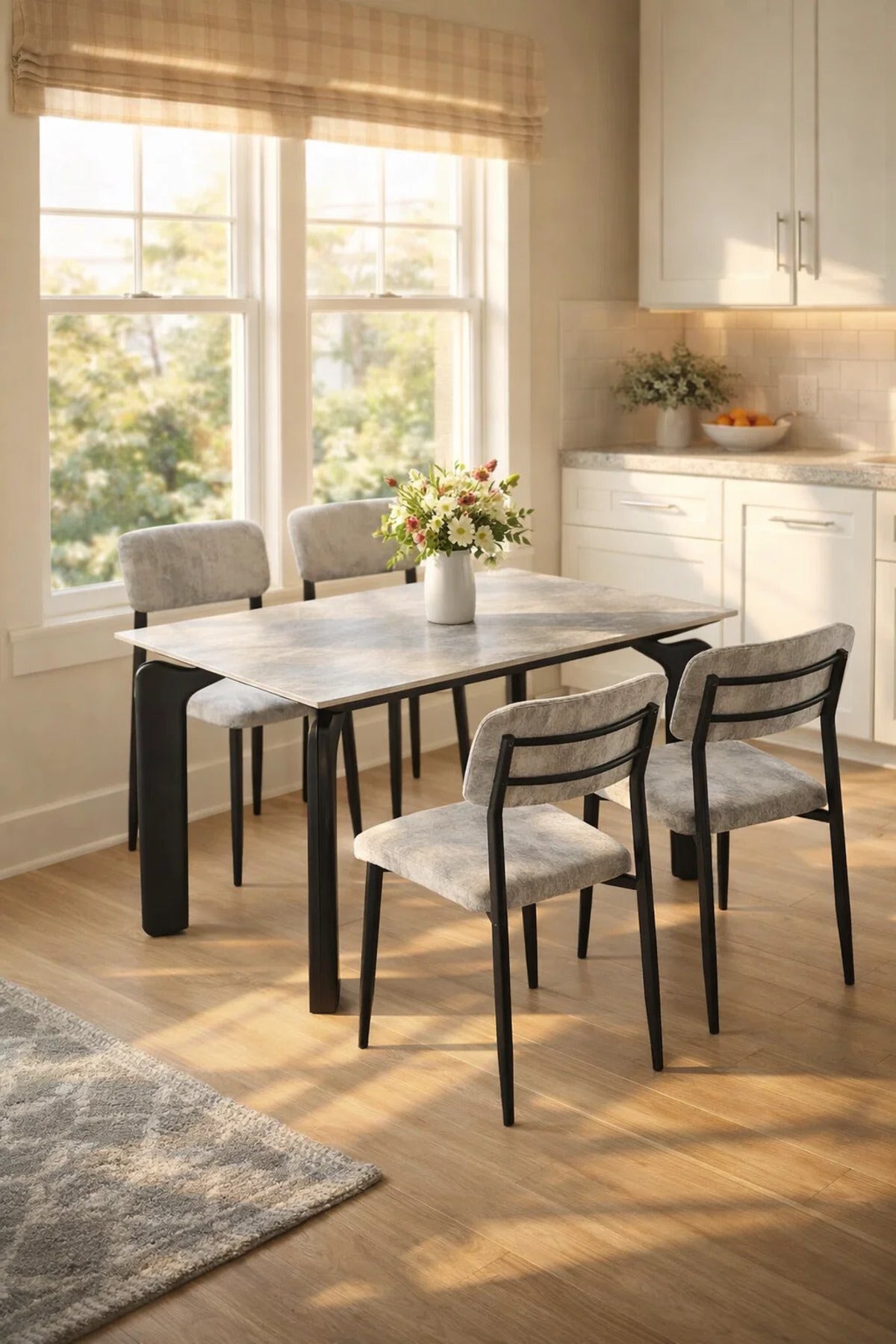 Modern Grey Dining Table Set with 4 Chairs 130 _ 80 _ 75 cm