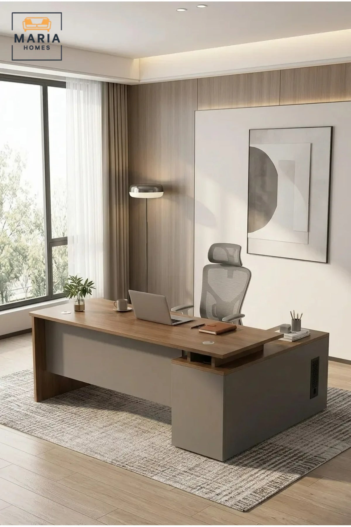 Modern Office Desk with Wooden Top, Side Storage Cabinet, Drawer and Open Shelves, Computer Workstation for Home Office, Study Room and Workplace